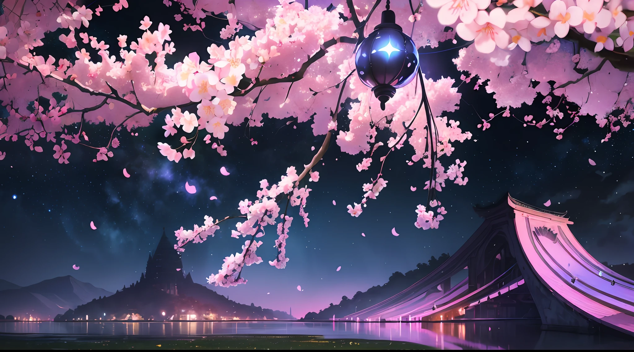 Linemoto cherry blossoms (night), (highly detailed CG unified wallpaper 8k) (highest quality), (best illustrations), bright colors (best shades), jungle, water, natural beauty, oasis of tranquility, cherry blossoms, super detail, antique porcelain, jade, castle, starry sky, , girl looks up at the night sky, ray tracing, masterpiece, top quality, super quality, absurd details, best light, best shadow, sharp, sharp images, details, Very detailed, high resolution, 8k, 4k, UHD, volumetric, bright sprite, (particle effects), (nighttime) --v6