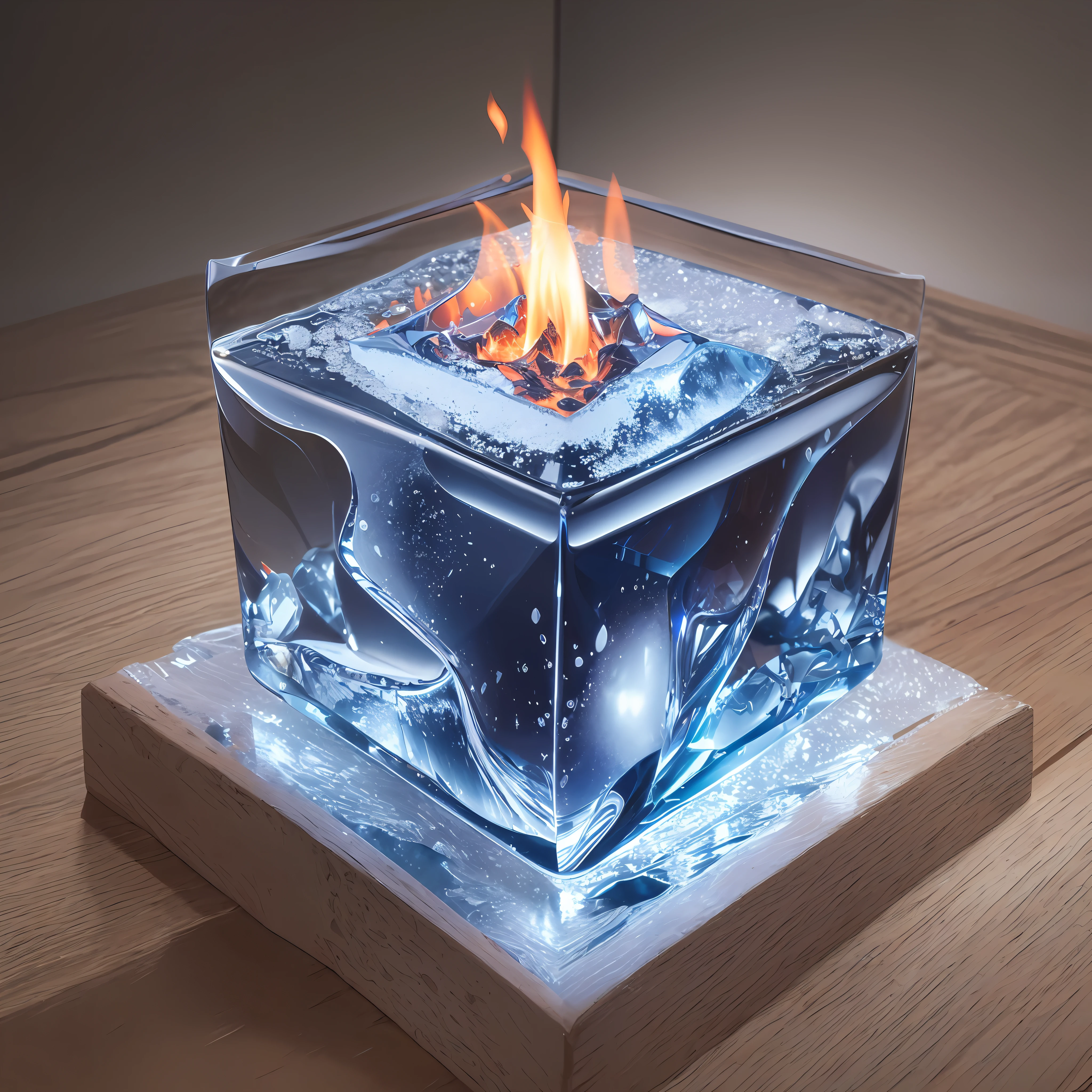 The best picture quality, hyper-detailed, ultra-real, very detailed CG scene, a mysterious flame is wrapped in a cube of ice, the edges and corners of the ice block are smoothed, showing the ultimate heat and extreme ice cold. --auto --s2