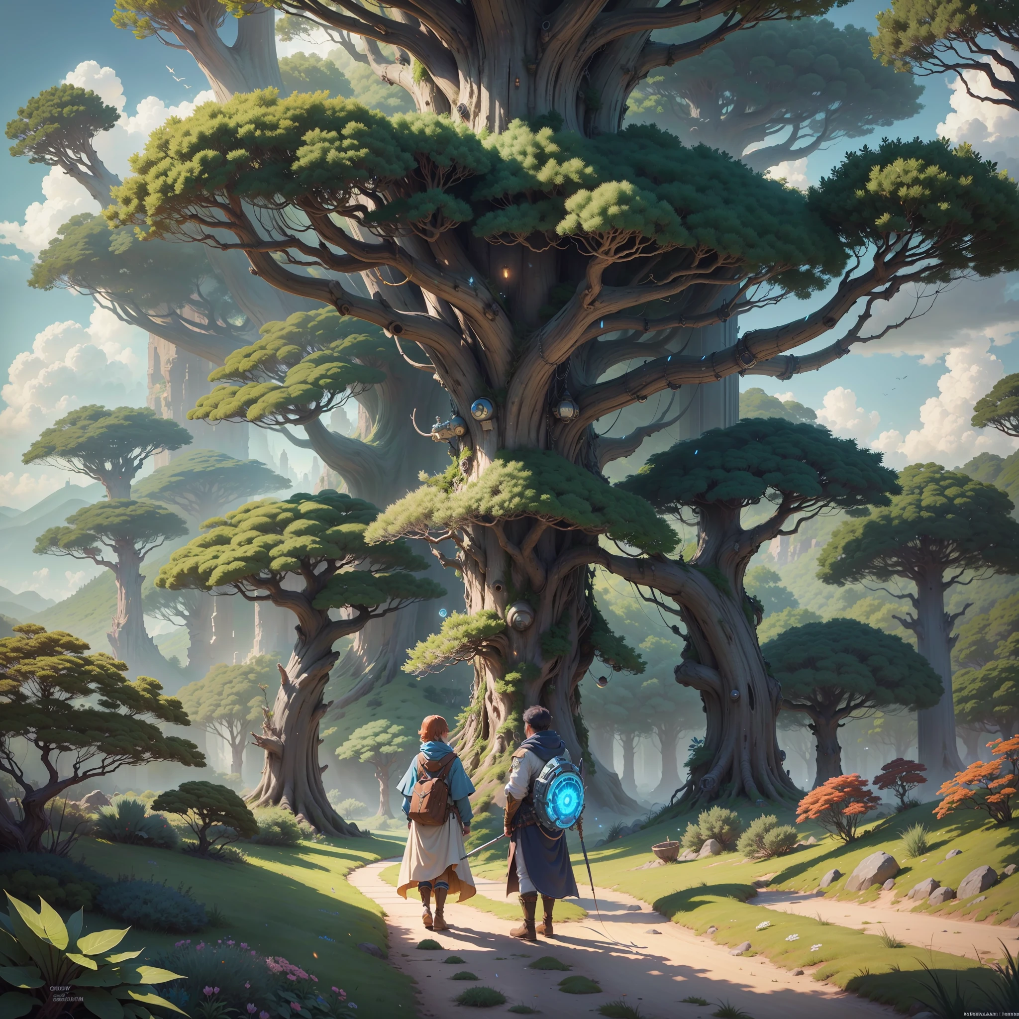 Masterpiece, best quality, (very detailed CG unity 8k wallpaper), (best quality), (best illustration), (best shadows), glow sprite, with cyborgs, natural elements in the forest theme. Mysterious forest, beautiful forest, nature, surrounded by flowers, delicate leaves and branches surrounded by fireflies (natural elements), (jungle theme), (leaves), (twigs), (particle effects) etc. 3D , Octane rendering, ray tracing, super Detailed Sky, Clouds, holding_weapon, no_humans, Glow, giant mechanical _ trees , city with tall trees _Architecture, “sky, cloud, glowing, big trees ,cybernetic landscape, robot, cybernetic _trees, tree_mech, sci-fi, cityscape, realistic, mechanical” Science Fiction, Cities, Rendered in Octane, hyper realistic, 8k, epic composition, cinematic, octane render, artstation landscape vista photography by Carr Clifton & Galen Rowell, 16K resolution, Landscape veduta photo by Dustin Lefevre & tdraw, 8k resolution, detailed landscape painting by Ivan Shishkin, DeviantArt, Flickr, rendered in Enscape, Miyazaki, Nausicaa Ghibli, Breath of The Wild,,trending in artstation, cgsociety, 8k post-processing highly detailed,Junji Murakami, Mucha Klimt, Sharandula, Hiroshi Yoshida, Tom Bagshaw, Ross Tran, Artgerm,Craig Mullins,dramatic,Junji Murakami, --auto --s2