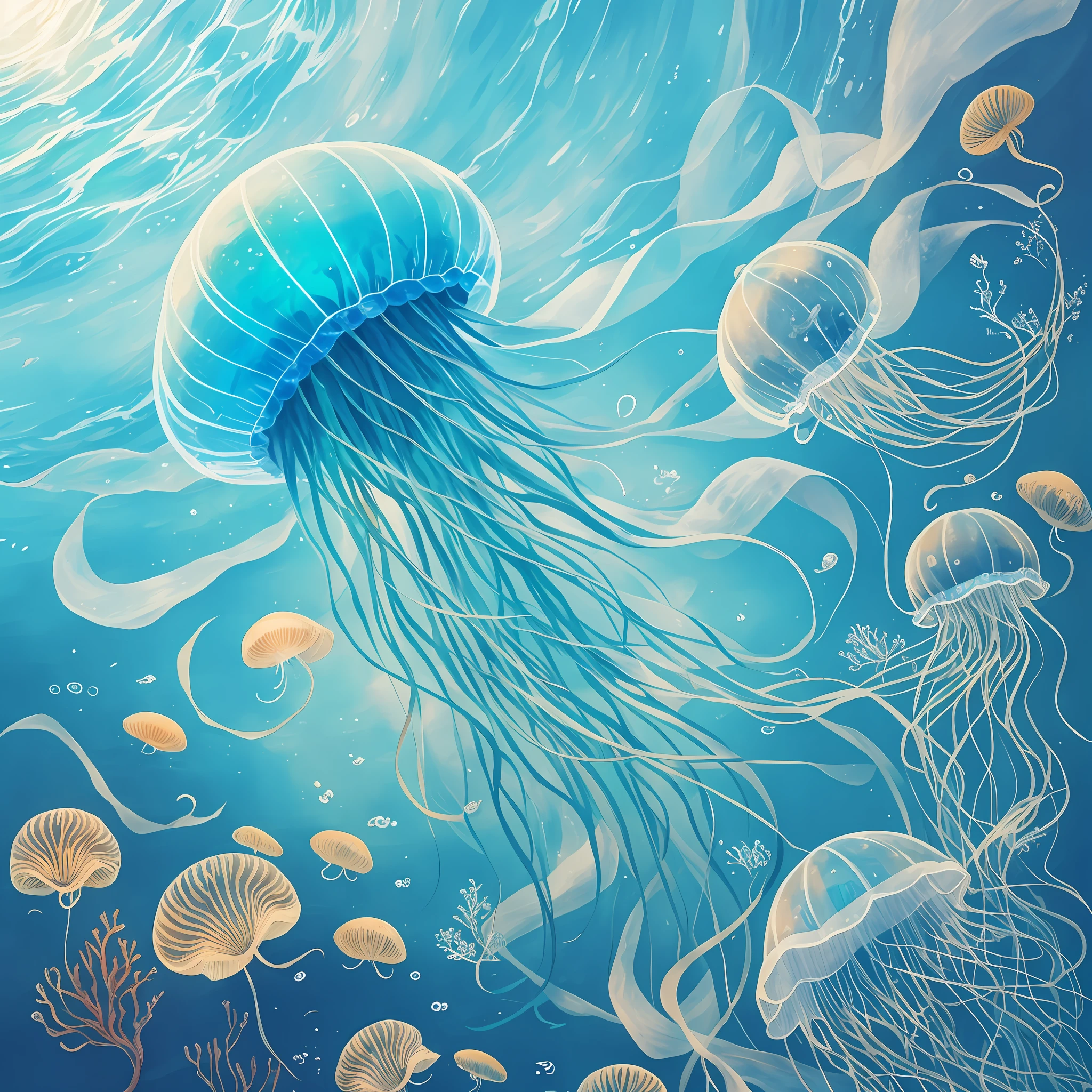One jellyfish, in the ocean, against the background of bright blue water, beautiful sea plants, blurred background, excellent quality drawing, plain background, good animal detail, sloppy drawing with paints.