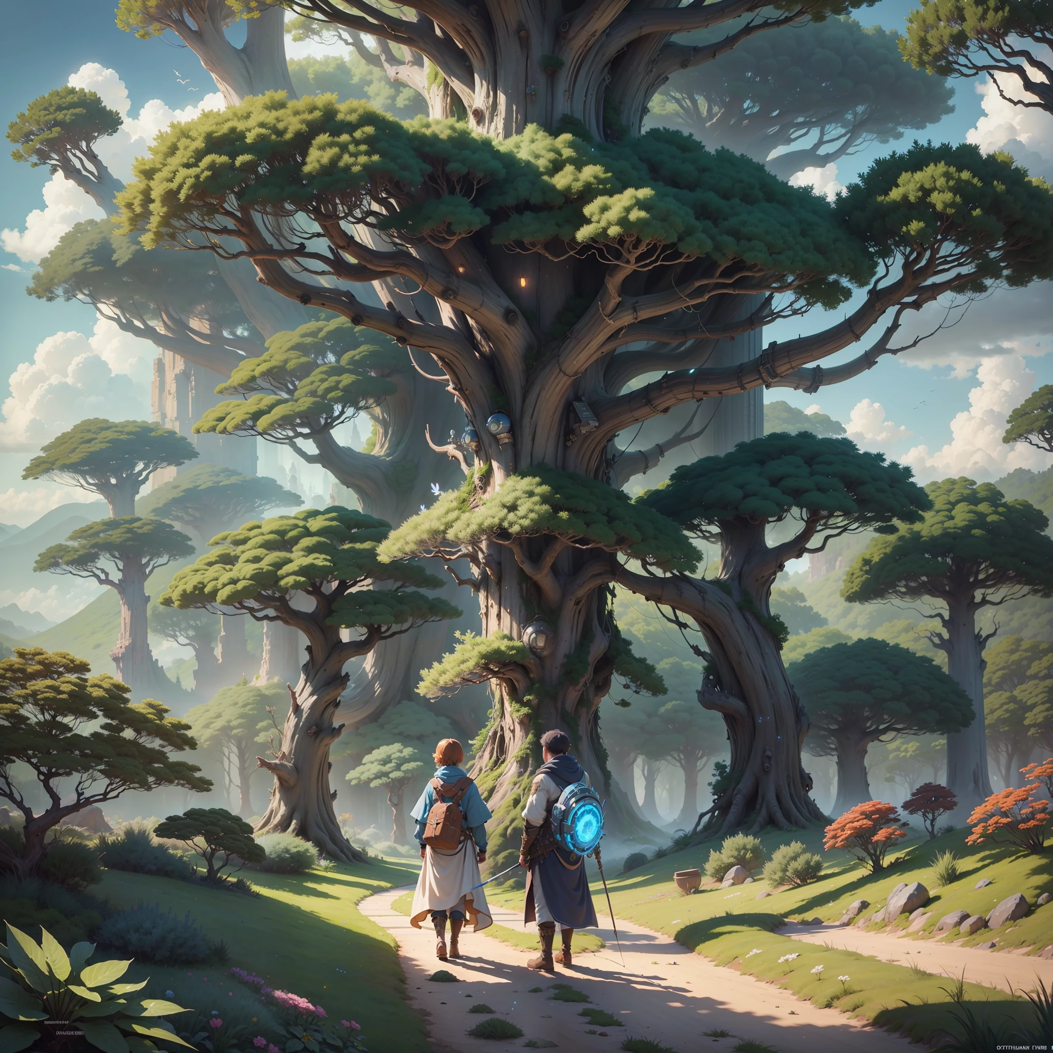 Masterpiece, best quality, (very detailed CG unity 8k wallpaper), (best quality), (best illustration), (best shadows), glow sprite, with cyborgs, natural elements in the forest theme. Mysterious forest, beautiful forest, nature, surrounded by flowers, delicate leaves and branches surrounded by fireflies (natural elements), (jungle theme), (leaves), (twigs), (particle effects) etc. 3D , Octane rendering, ray tracing, super Detailed Sky, Clouds, holding_weapon, no_humans, Glow, giant mechanical _ trees , city with tall trees _Architecture, “sky, cloud, glowing, big trees ,cybernetic landscape, robot, cybernetic _trees, tree_mech, sci-fi, cityscape, realistic, mechanical” Science Fiction, Cities, Rendered in Octane, hyper realistic, 8k, epic composition, cinematic, octane render, artstation landscape vista photography by Carr Clifton & Galen Rowell, 16K resolution, Landscape veduta photo by Dustin Lefevre & tdraw, 8k resolution, detailed landscape painting by Ivan Shishkin, DeviantArt, Flickr, rendered in Enscape, Miyazaki, Nausicaa Ghibli, Breath of The Wild,,trending in artstation, cgsociety, 8k post-processing highly detailed,Junji Murakami, Mucha Klimt, Sharandula, Hiroshi Yoshida, Tom Bagshaw, Ross Tran, Artgerm,Craig Mullins,dramatic,Junji Murakami, --auto --s2
