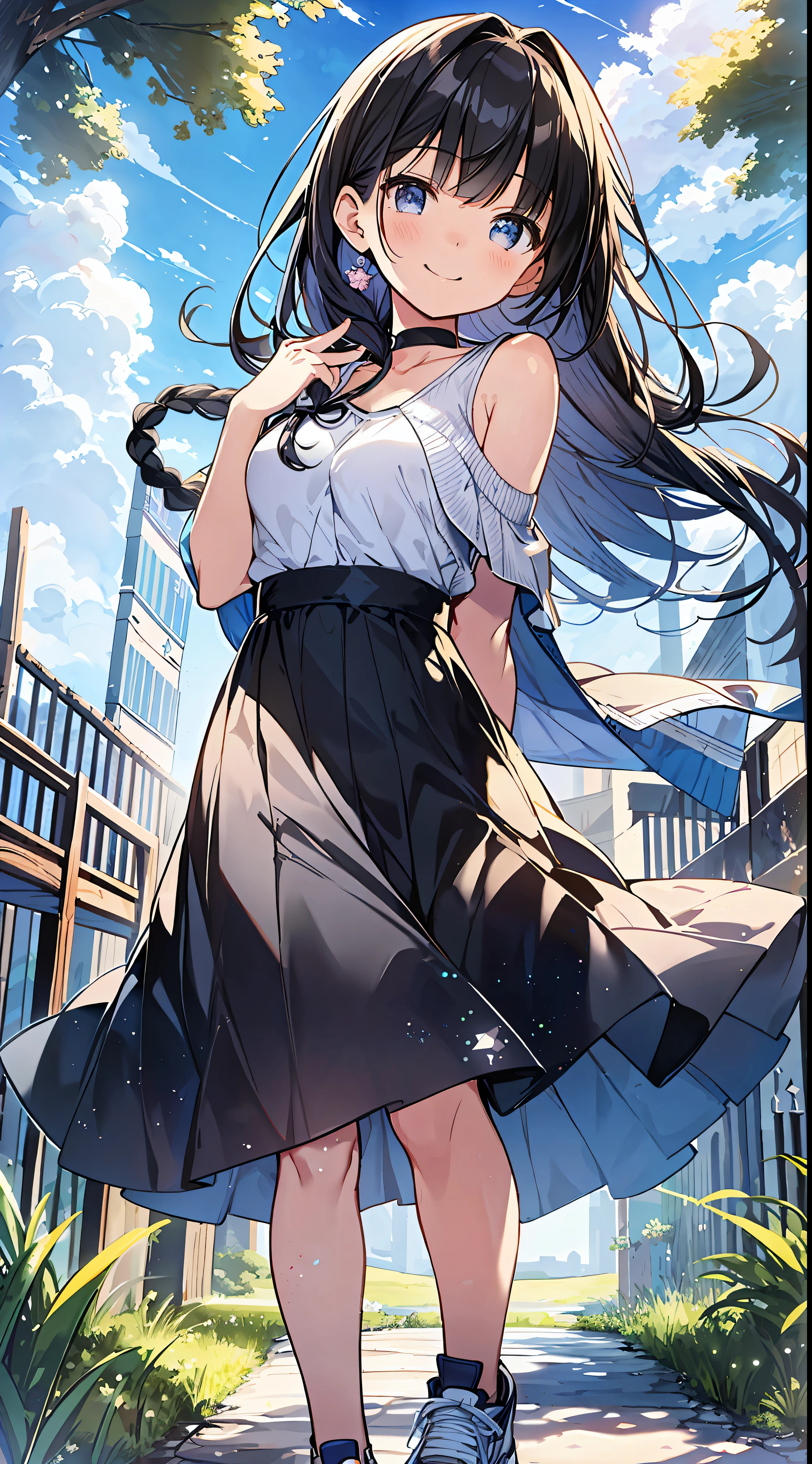 Top Quality, Masterpiece, Ultra High Definition, 8k, Summer Sky, Early Summer, (Light Blue Maxi Skirt, Light Knit, Sneakers), Shojo Manga Style Loli, One, Soft Line Art, Digital Enhancement, Shoujo Manga Touch, Shojo Manga Core, Flowing Fabric, Close Up, (Shoulder Length and Short Braid)), Wet Hair, Staring at Us Head-on, Soft Drawing, Beautiful Black Hair, clear eyes, ((teasing smile)), ultra-detailed digital anime art, clear face depiction, ultra-detailed shoujo manga character art, ultra-detailed manga style, top quality colors, hand gestures, landscape with nature, looking up at the sky, angle that can be seen up to the feet
