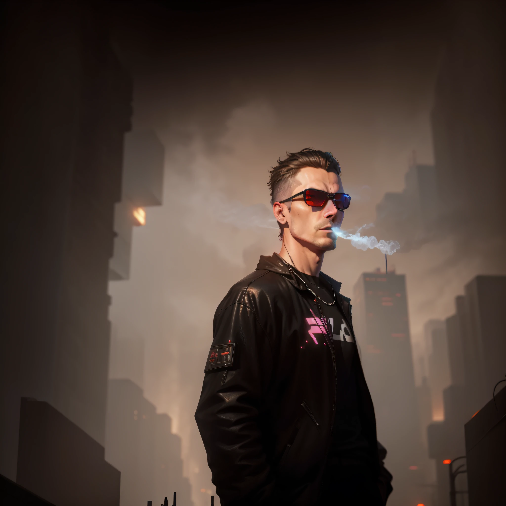 cyberpunk city behind a smoking guy, evening, neon lights, Andrey Gevechanov's style --auto --s2
