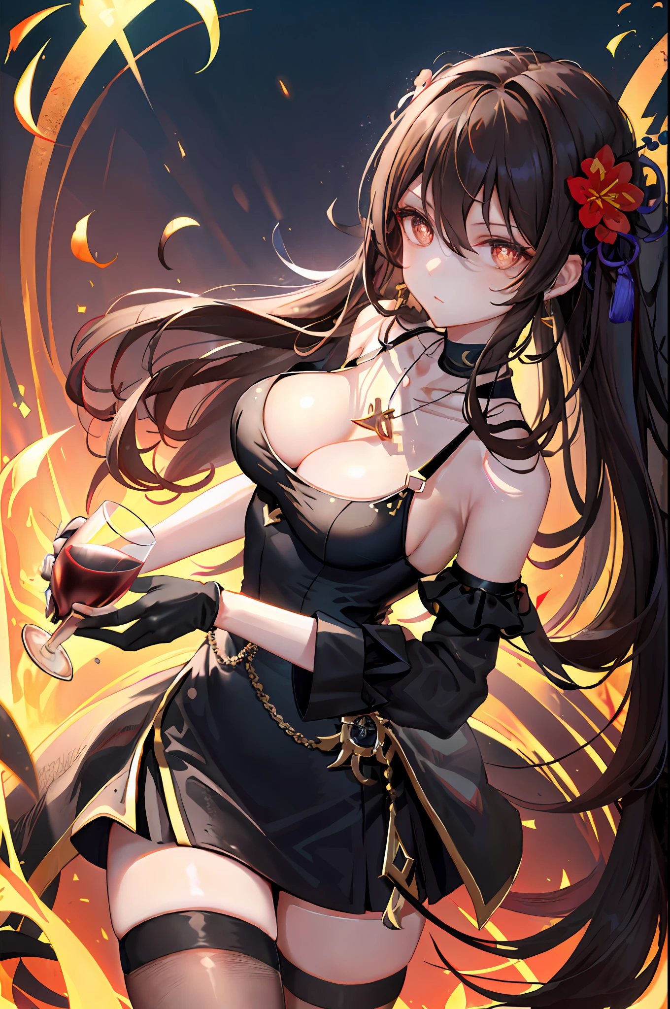 Hu Tao, 1girl, alcohol, alternate costume, armlet, bare shoulders, black background, black dress, black gloves, black thighhighs, breasts, cleavage, criss-cross halter, cup, dress, drinking glass, flower, gloves, gradient background, hair between eyes, low twintail hair, halterneck, holding, holding cup, jewelry, medium breasts, long hair, looking at viewer, necklace, black brown hair, brown nails, brown eyes, flower pupils, see-through gloves, solo, thighhighs, thighs, very long hair, wine, wine glass, ((masterpiece))