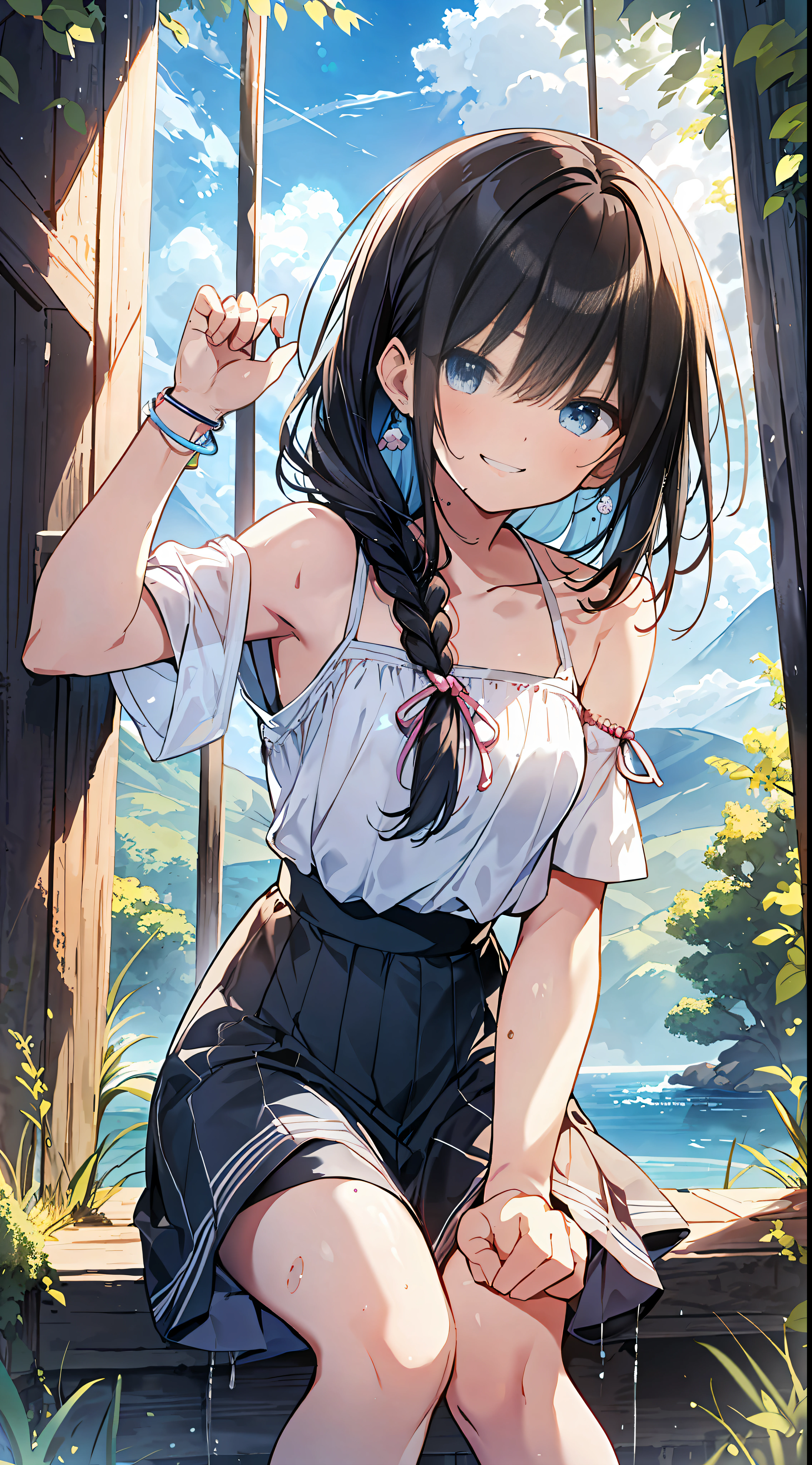 Top Quality, Masterpiece, Ultra High Definition, 8k, Summer Sky, Early Summer, (Light Blue Maxi Skirt, Light Knit, Sneakers), Shojo Manga Style Loli, One, Soft Line Art, Digital Enhancement, Shoujo Manga Touch, Shojo Manga Core, Flowing Fabric, Close Up, (Shoulder Length and Short Braid)), Wet Hair, Staring at Us Head-on, Soft Drawing, Beautiful Black Hair, clear eyes, ((teasing smile)), ultra-detailed digital anime art, clear face depiction, ultra-detailed shoujo manga character art, ultra-detailed manga style, top quality colors, hand gestures, landscape with nature, looking up at the sky, angle that can be seen up to the feet