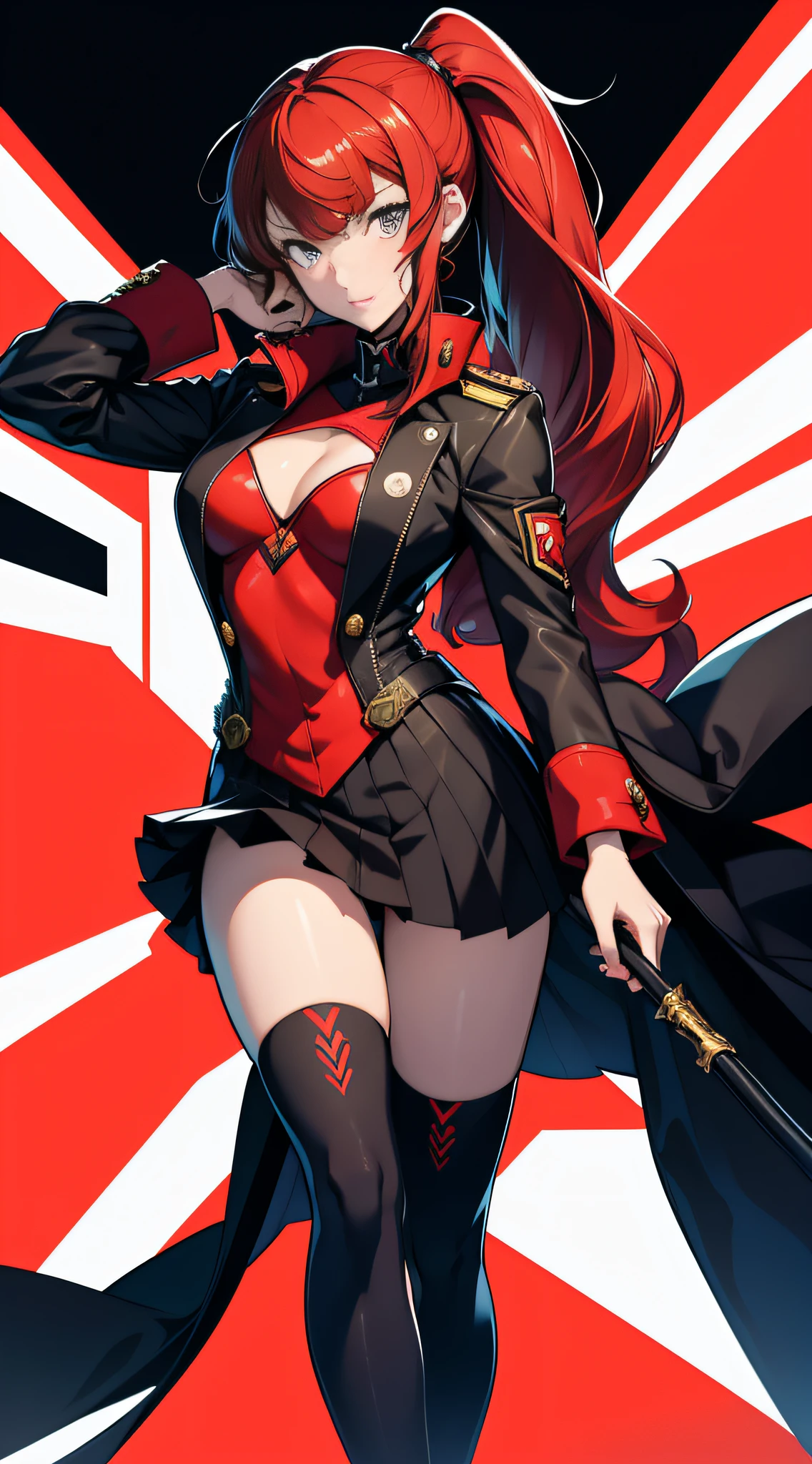 Persona 5 Art Style wlop, Persona 5 Art Style, Persona 5 Style, Female Protagonist 👀: 8, Portrait of Oryu Asuka Langley, Kasumi Yoshizawa, Girl in Uniform, Full Length Portrait, High Quality, 8K, Uniform with Open Chest, Ponytail, Small Breasts, Bangs, Smooth Thighs,