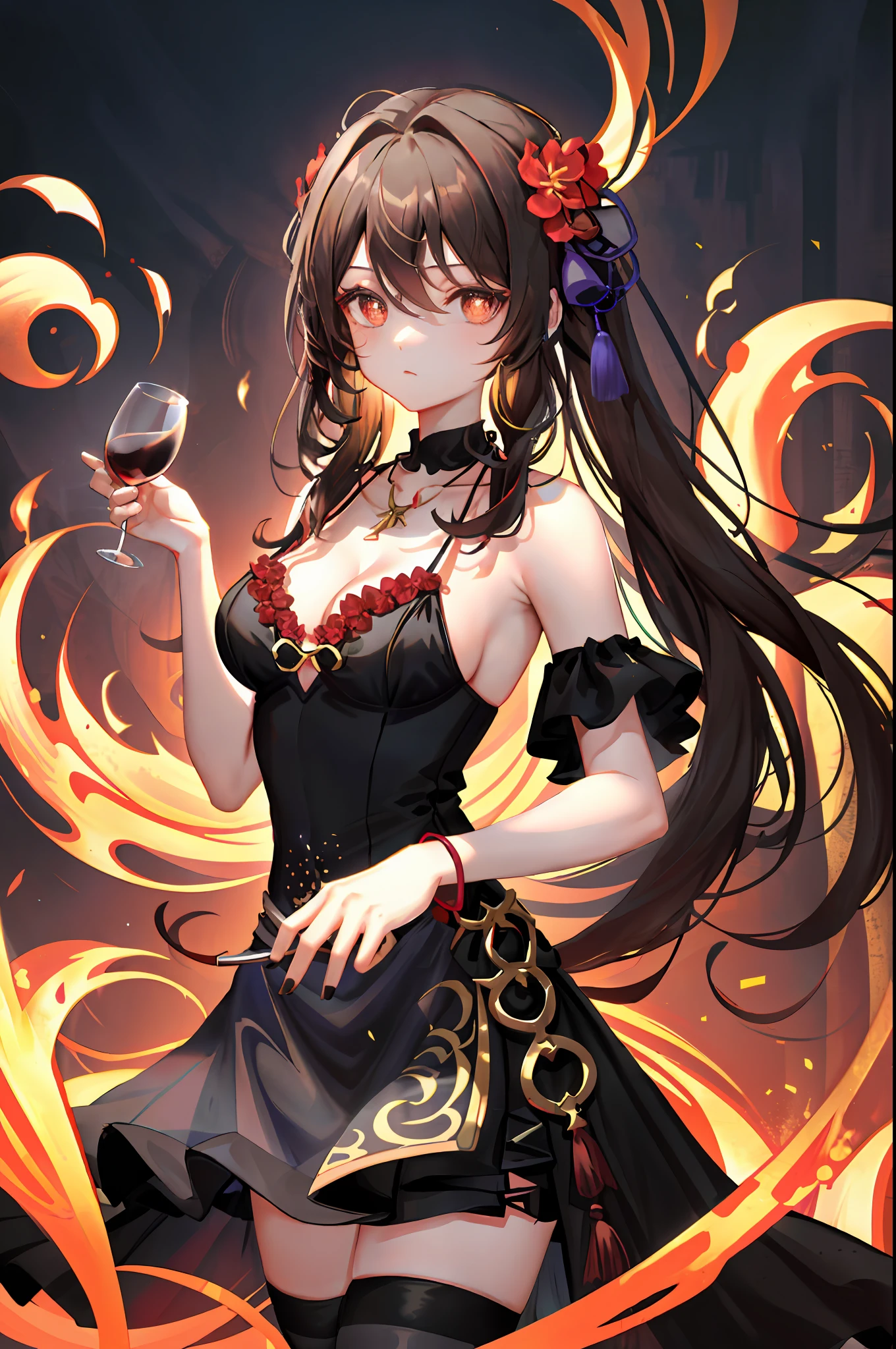 Hu Tao, 1girl, alcohol, alternate costume, armlet, bare shoulders, black background, black dress, black gloves, black thighhighs, breasts, cleavage, criss-cross halter, cup, dress, drinking glass, flower, gloves, gradient background, hair between eyes, low twintail hair, halterneck, holding, holding cup, jewelry, medium breasts, long hair, looking at viewer, necklace, black brown hair, brown nails, brown eyes, flower pupils, see-through gloves, solo, thighhighs, thighs, very long hair, wine, wine glass, ((masterpiece))