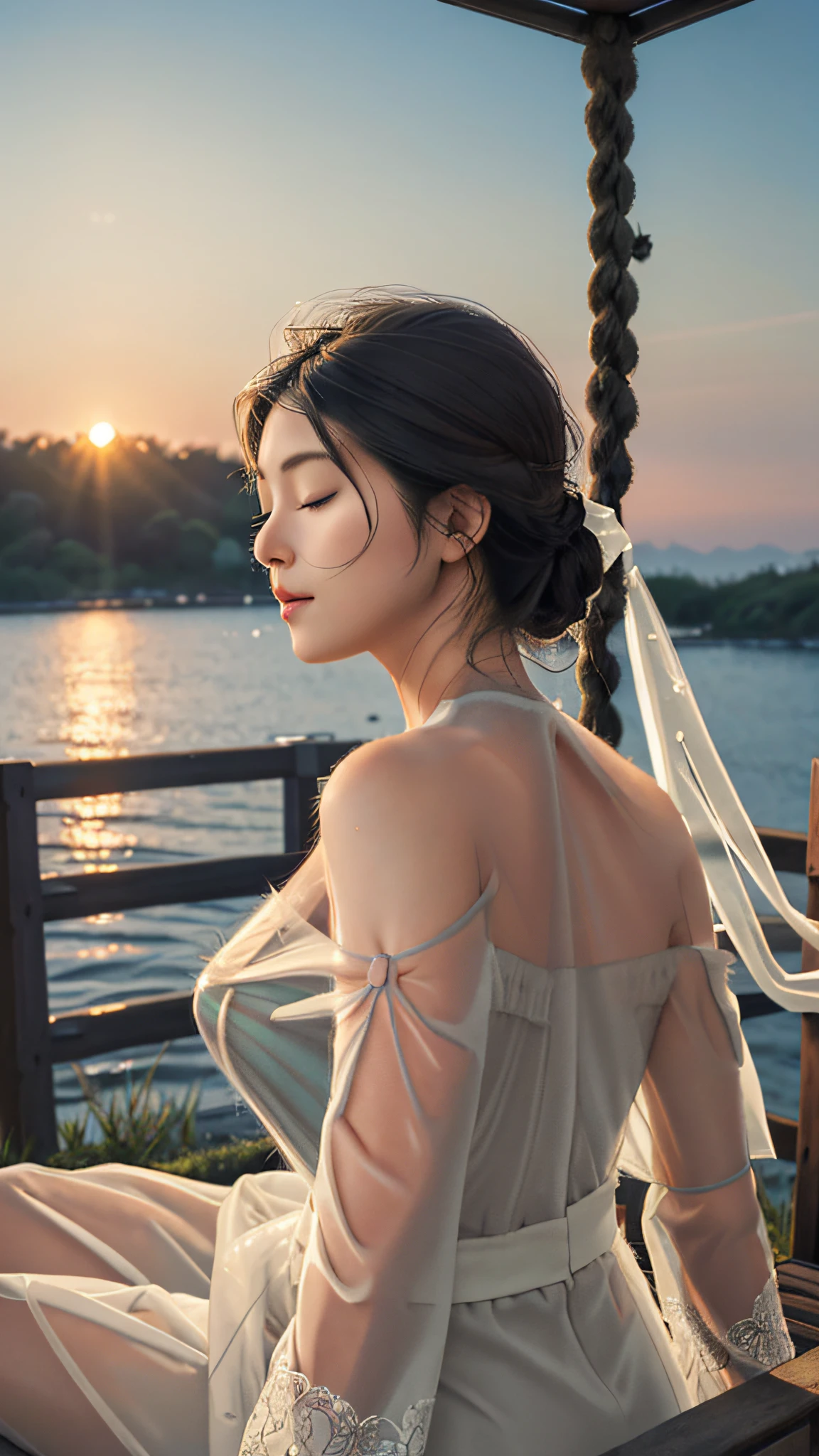 (RAW photo, best quality),(realistic, photo-realistic:1.3),extremely delicate and beautiful,Amazing,finely detail,masterpiece,ultra-detailed,highres,(best illustration),(best shadow),intricate,
1girl,(((wearing see through sleeper:1.4))),(((off shoulders:1.4))),silhouette,profile,sitting on the swing,sunset,(eye closed:1.4),
sharp focus,volumetric fog,8k UHD,DSLR,high quality,(film grain:1.4),Fujifilm XT3,