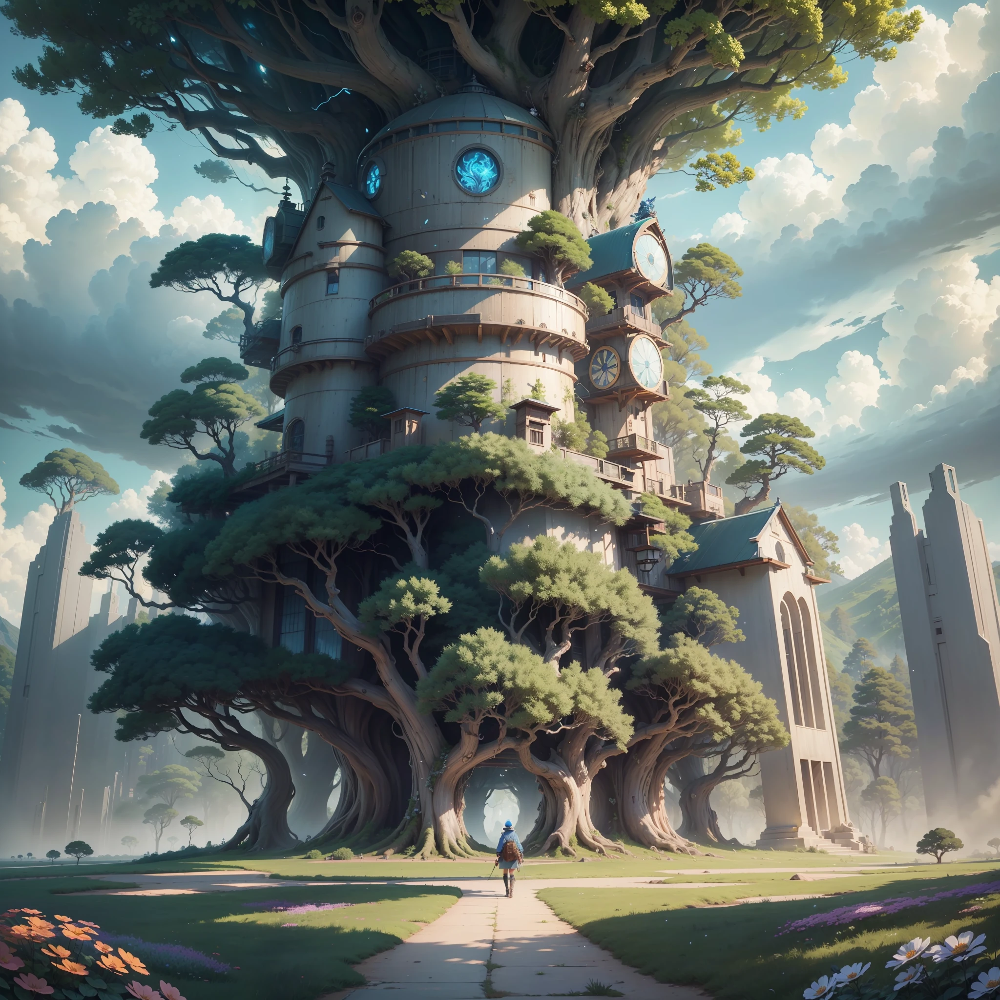 Masterpiece, best quality, (very detailed CG unity 8k wallpaper), (best quality), (best illustration), (best shadows), glow sprite, with cyborgs, natural elements in the forest theme. Mysterious forest, beautiful forest, nature, surrounded by flowers, delicate leaves and branches surrounded by fireflies (natural elements), (jungle theme), (leaves), (twigs), (particle effects) etc. 3D , Octane rendering, ray tracing, super Detailed Sky, Clouds, holding_weapon, no_humans, Glow, giant mechanical _ trees , city with tall trees _Architecture, “sky, cloud, glowing, big trees ,cybernetic landscape, robot, cybernetic _trees, tree_mech, sci-fi, cityscape, realistic, mechanical” Science Fiction, Cities, Rendered in Octane, hyper realistic, 8k, epic composition, cinematic, octane render, artstation landscape vista photography by Carr Clifton & Galen Rowell, 16K resolution, Landscape veduta photo by Dustin Lefevre & tdraw, 8k resolution, detailed landscape painting by Ivan Shishkin, DeviantArt, Flickr, rendered in Enscape, Miyazaki, Nausicaa Ghibli, Breath of The Wild,,trending in artstation, cgsociety, 8k post-processing highly detailed,Junji Murakami, Mucha Klimt, Sharandula, Hiroshi Yoshida, Tom Bagshaw, Ross Tran, Artgerm,Craig Mullins,dramatic,Junji Murakami, --auto --s2