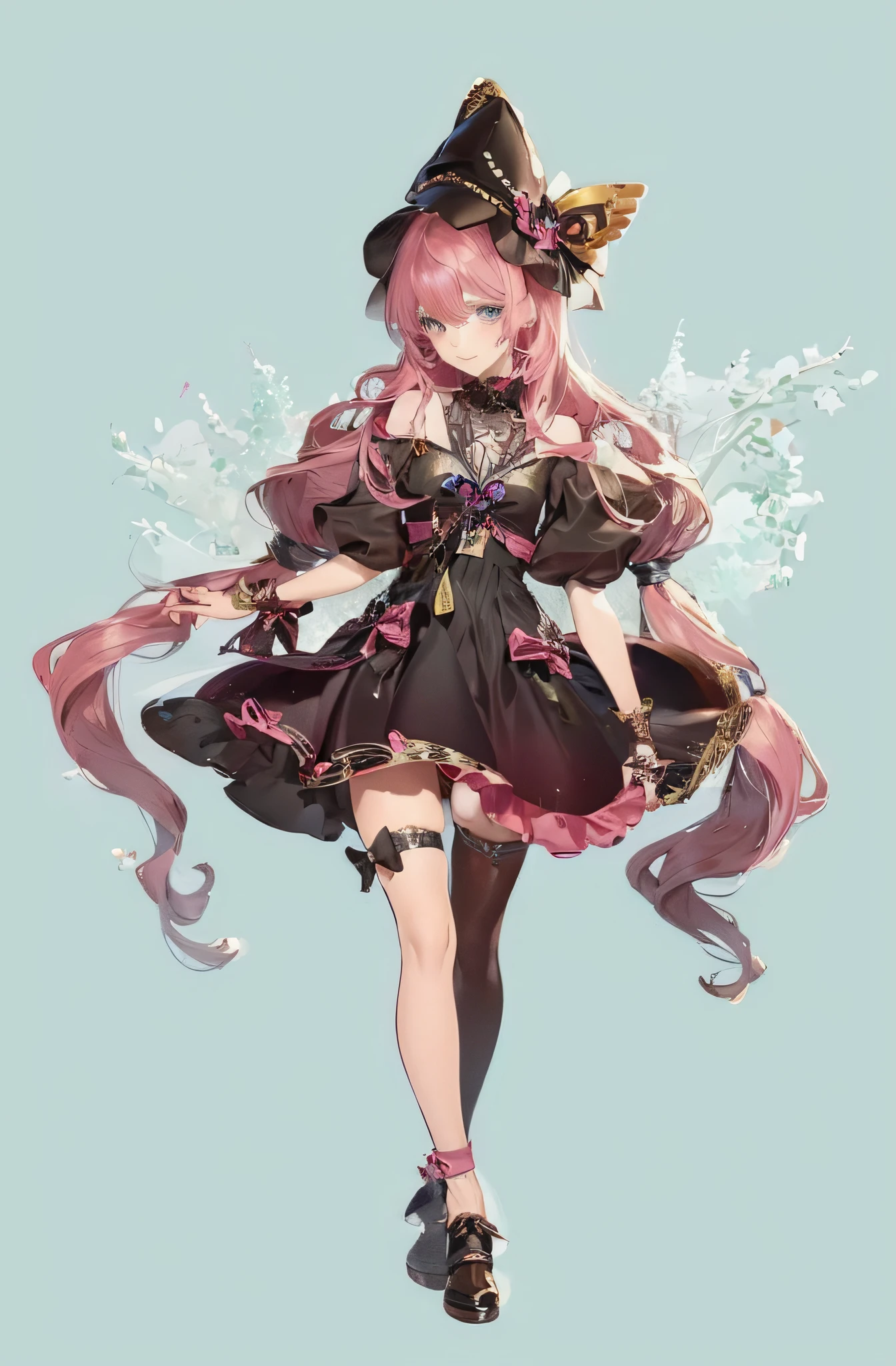 A woman in a long hair dress and hat, cute girl in a beautiful dress, loli in a skirt, beautiful anime character design, anime full body illustration, anime girl in black dress, anime goddess, fantasy costume, digital art on pixiv, long hair pink hair anime girl, (anime girl), anime character art, beautiful anime girl.
