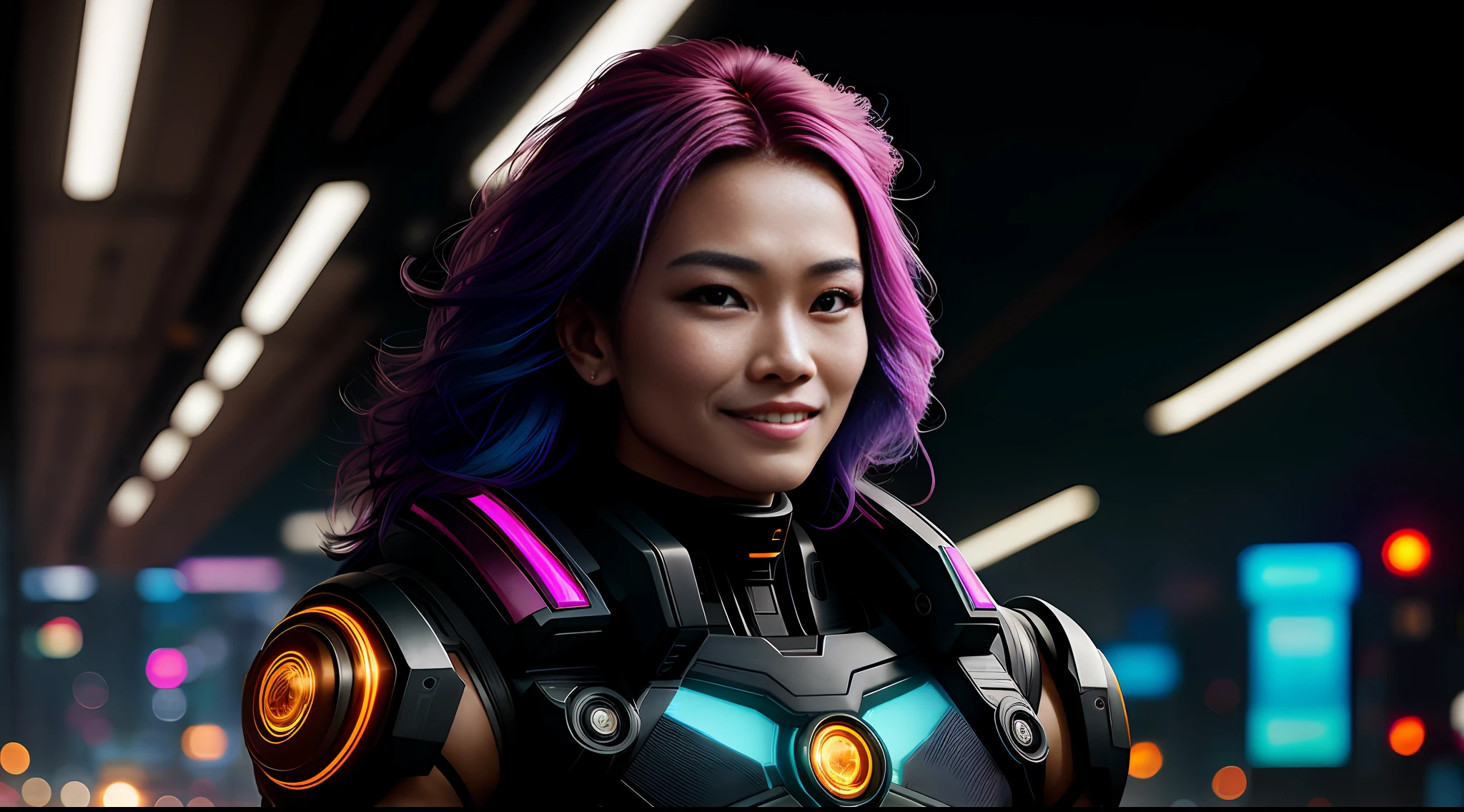 cyberpunk portrait photography, beautiful young thai woman with colorful hair, bodybuilder physique, full body, looking away from camera in glowing futuristic, smile, superhero outfit, smiling, super realistic face, eyes visible through hair, proper eye position, natural skin, soft light, rim light, hips, in road side, detailed background, intricate , highly detail, octane render, HD, 8k, by Annie Leibovitz,120mm