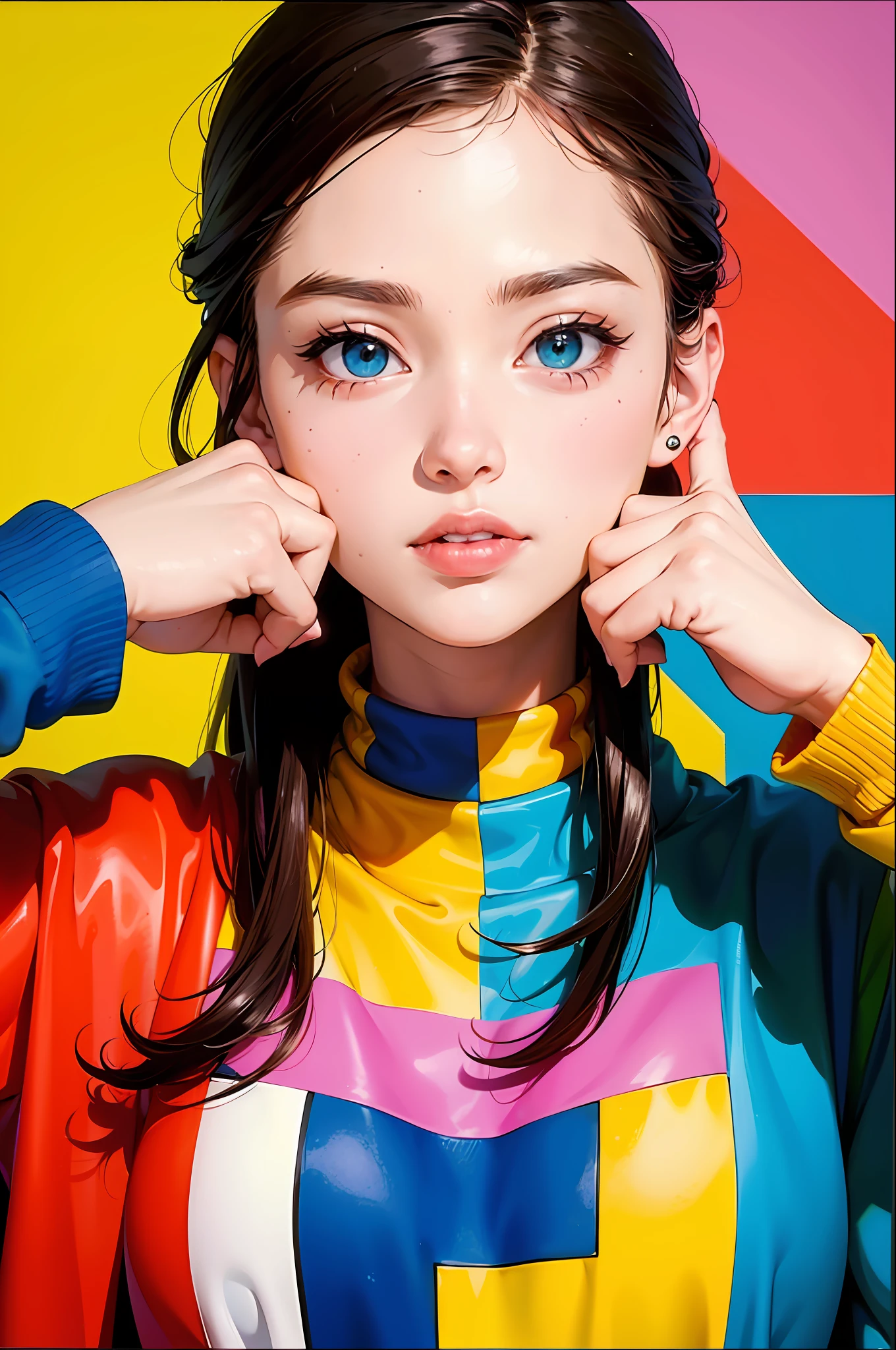 absurdres, highres, (1 young woman:1.3),brown hair,
BREAK
best quality, masterpiece,(photorealistic:1.4), RAW photo
BREAK
, Create an image in the style of pop art, with bold colors, strong contrasts, and references to popular culture.
