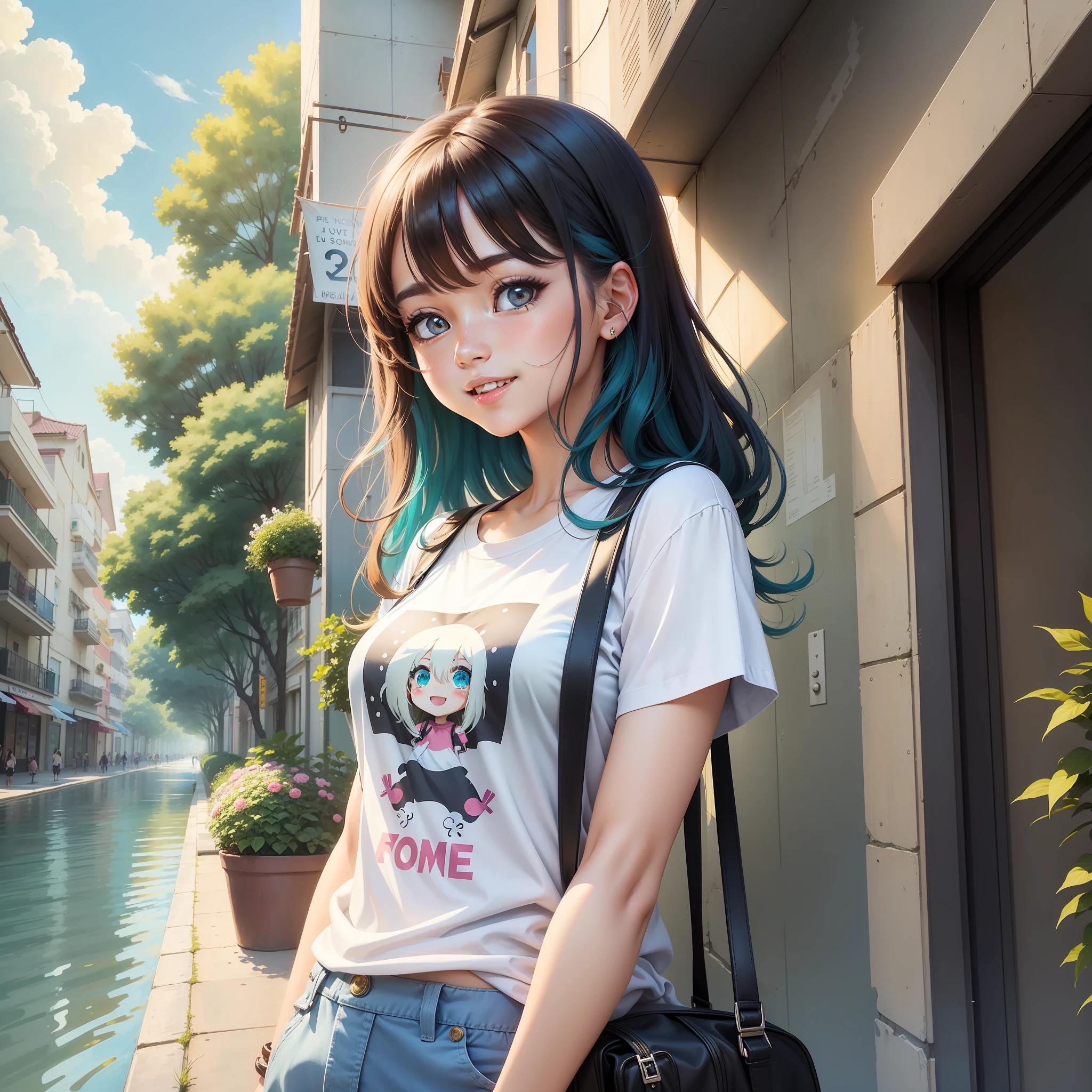 The simple illustration portrays an anime-style girl with a T-shirt that suits her well. She exudes a youthful and playful vibe, with big, expressive eyes, a charming smile, and vibrant-colored hair. Her T-shirt has a stylish design that reflects her fun and quirky personality. The background complements her cheerful demeanor, featuring a bright and sunny day with a clear blue sky and fluffy white clouds. Surrounding her are blooming flowers and lush greenery, creating a lively and vibrant atmosphere. This artwork captures the essence of a fashionable and spirited girl, perfectly complemented by the cheerful and vibrant background.