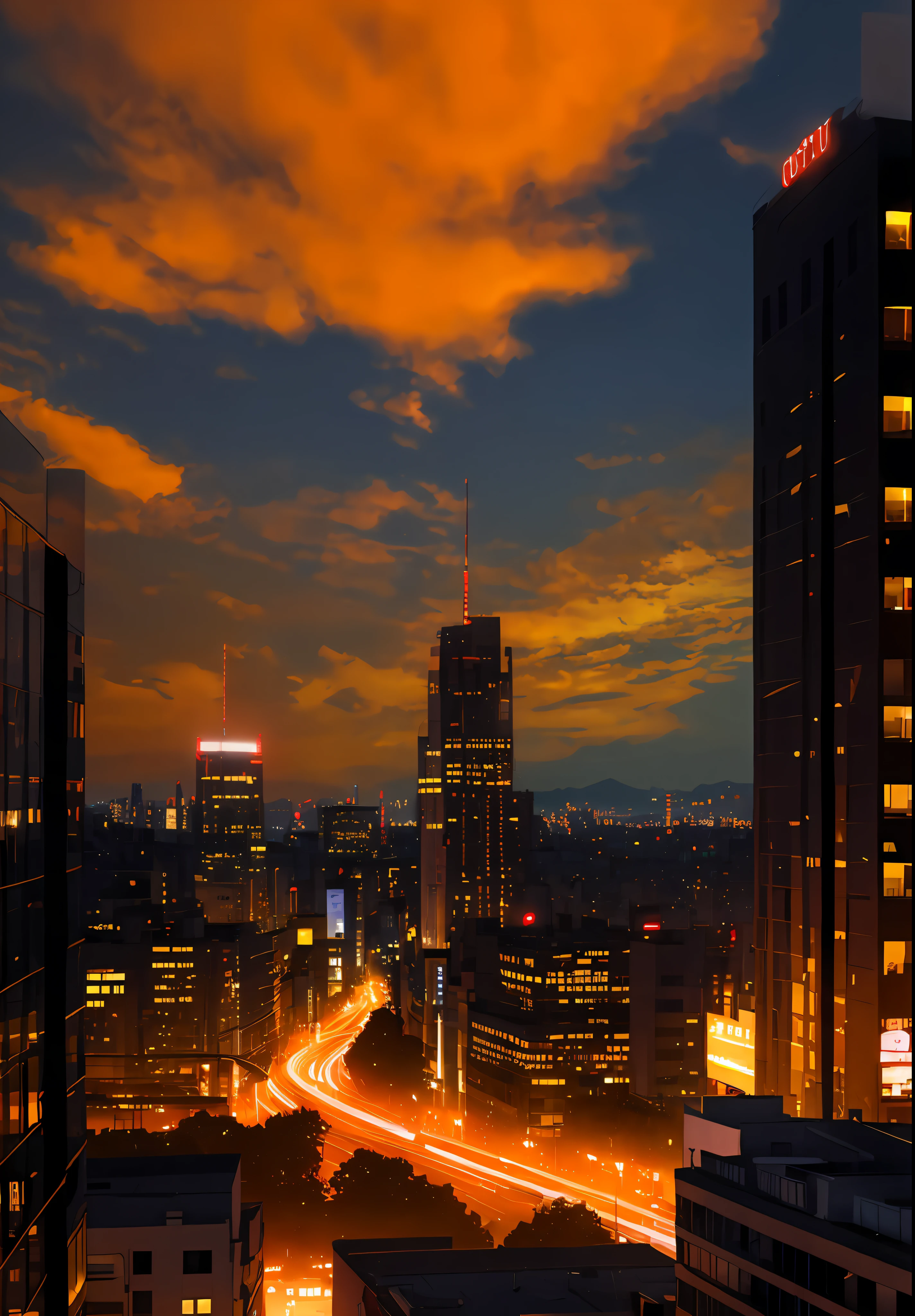 nighttime view of a city with a lot of tall buildings, city sunset night, city twilight landscape, city sunset, twilight in the city, night city in the background, twilight city on the background, ethereal starlit city at sunset, night city on the background, city night, night cityscape, golden cityscape, city at night, japanese city at night, night city