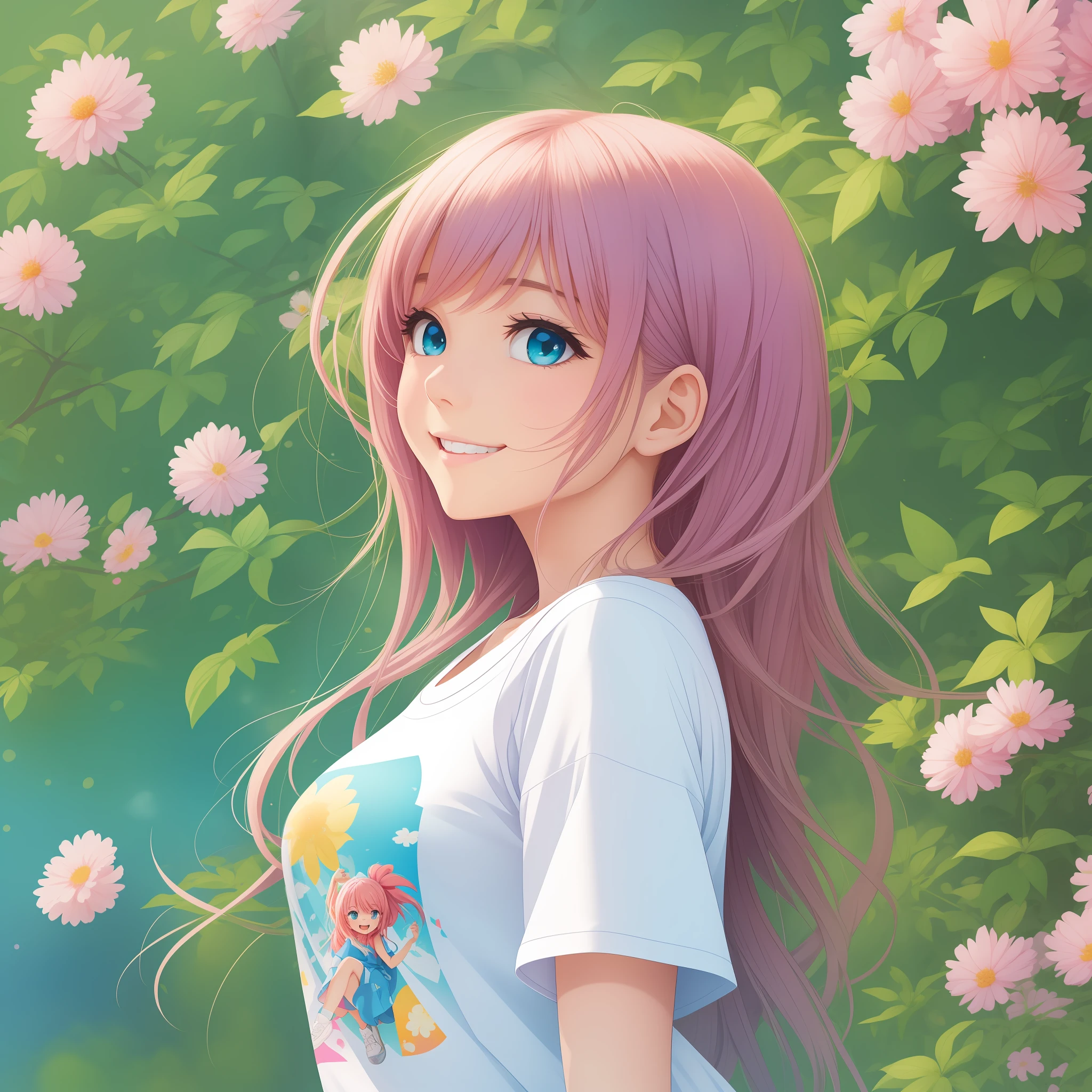 The simple illustration portrays an anime-style girl with a T-shirt that suits her well. She exudes a youthful and playful vibe, with big, expressive eyes, a charming smile, and vibrant-colored hair. Her T-shirt has a stylish design that reflects her fun and quirky personality. The background complements her cheerful demeanor, featuring a bright and sunny day with a clear blue sky and fluffy white clouds. Surrounding her are blooming flowers and lush greenery, creating a lively and vibrant atmosphere. This artwork captures the essence of a fashionable and spirited girl, perfectly complemented by the cheerful and vibrant background.