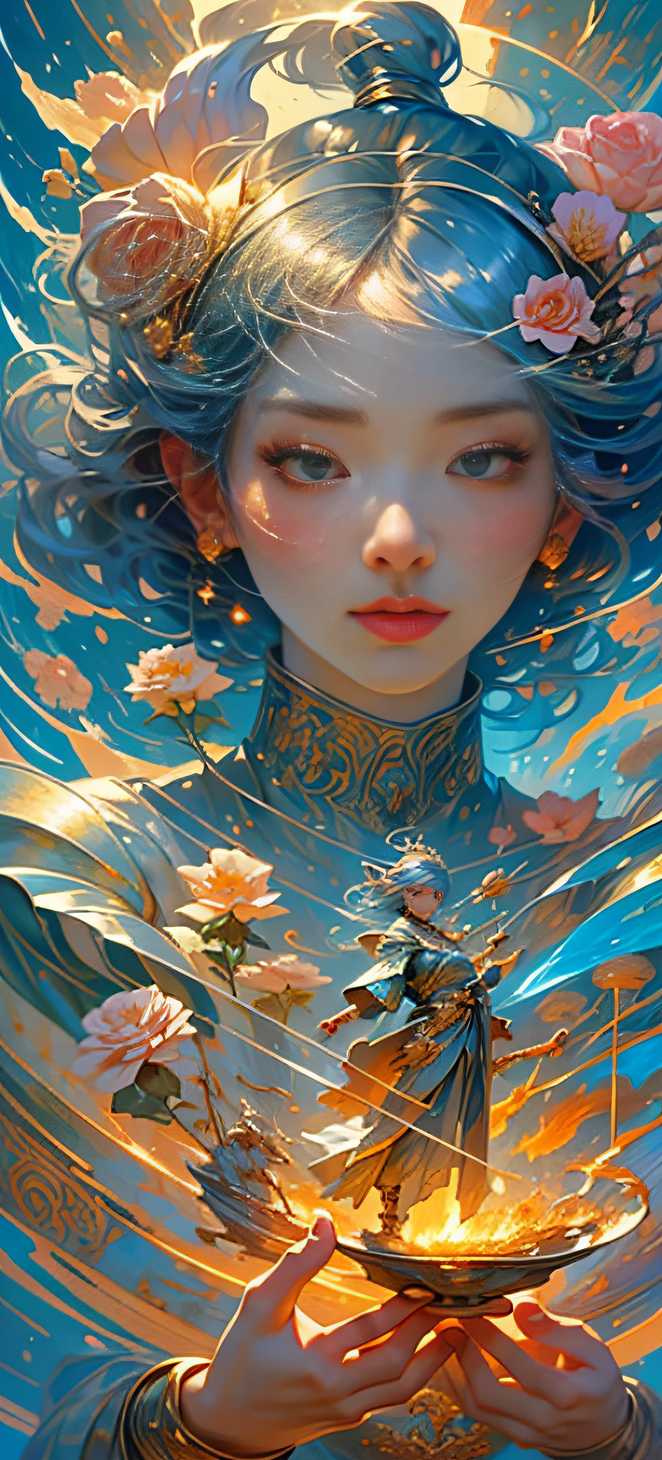 1 girl, Korean, delicate face, beautiful, big eyes, full body, sacred, high cold, flowing hair , face details, gorgeous armor, gorgeous accessories, fair skin, silver-blonde hair, sacred, masterpiece, (flower), (thunder), (fire), (water), lightning, rain, scattered pieces of paper, hands folded, fantasy, holy light, reality and dream combined, 8k, top, best quality, masterpiece, premium, close-up, from the front, facing the audience, full body, solo