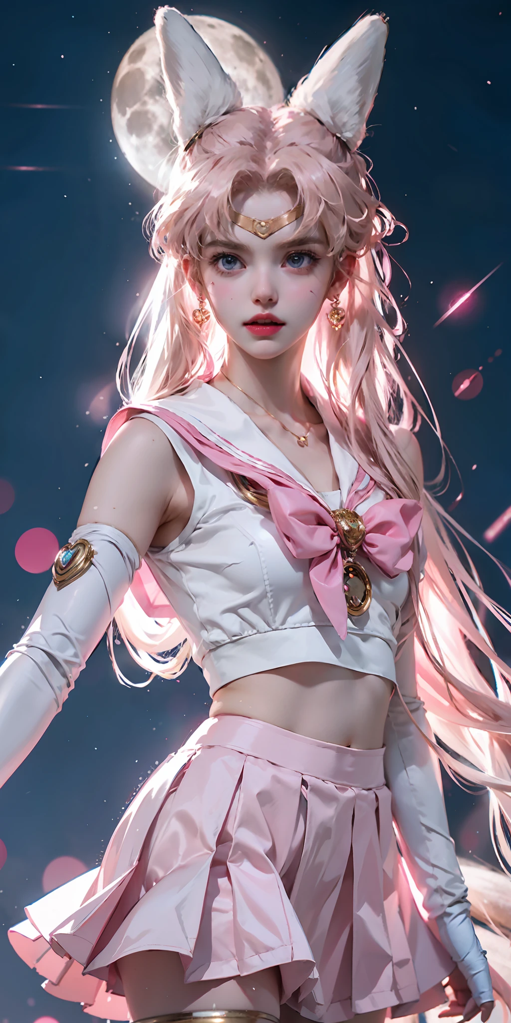 1 mechanical girl: 1.4, Sailor Moon, pink sailor suit, good-looking face, sailor Moon, moon hare, rabbit ears, white top, blonde hair, pink skirt, heart on background, sci-fi background, complex background, glowing hair, light forehead, moon on the background, panorama, holding a gun