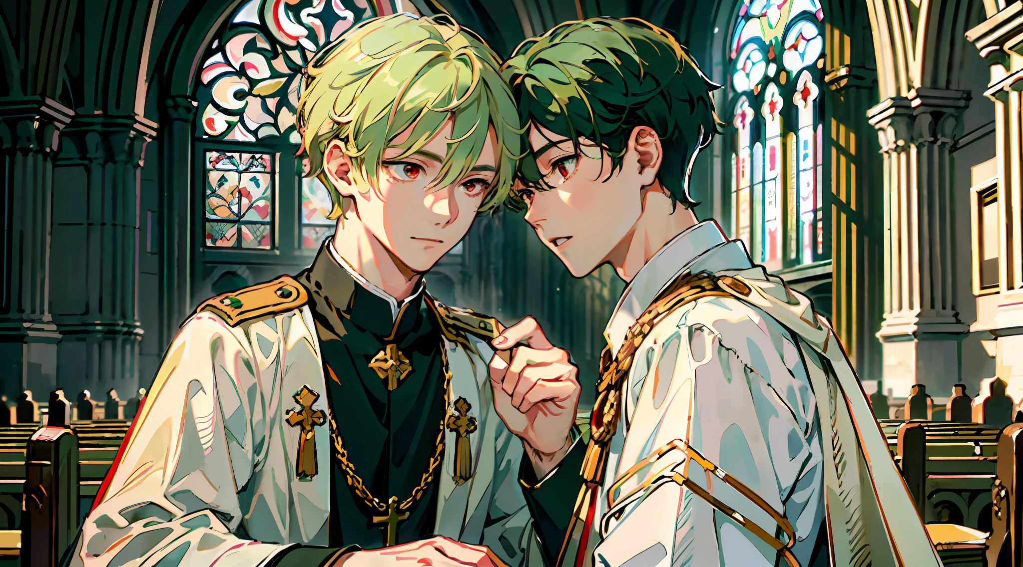 (Masterpiece: 1.4, highest quality), two young men facing each other in a church, and
2 young men, very cute and beautiful with the best image quality, (beautiful young men in military uniform with very short blonde hair and red eyes: 1.2), and 2 young men, very cute and beautiful, with the best image quality (cute young man and white clergy robe with green hair and big eyes: 1.2), close your eyes