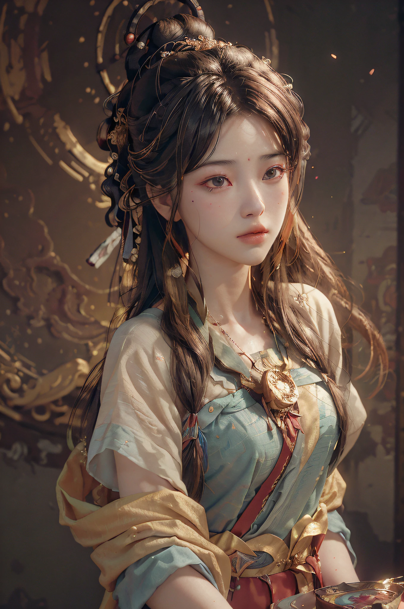 (RAW photo, best quality), (realistic, photo-realistic:1.3),best quality,highly detailed,masterpiece,ultra-detailed,illustration,1girl,upper_body,dynamic angle,world masterpiece theater,messy_long_hair,best quality,extremely detailed CG unity 8k wallpaper,ink,Amazing,cinematic lighting,lens_flare, dunhuang_style