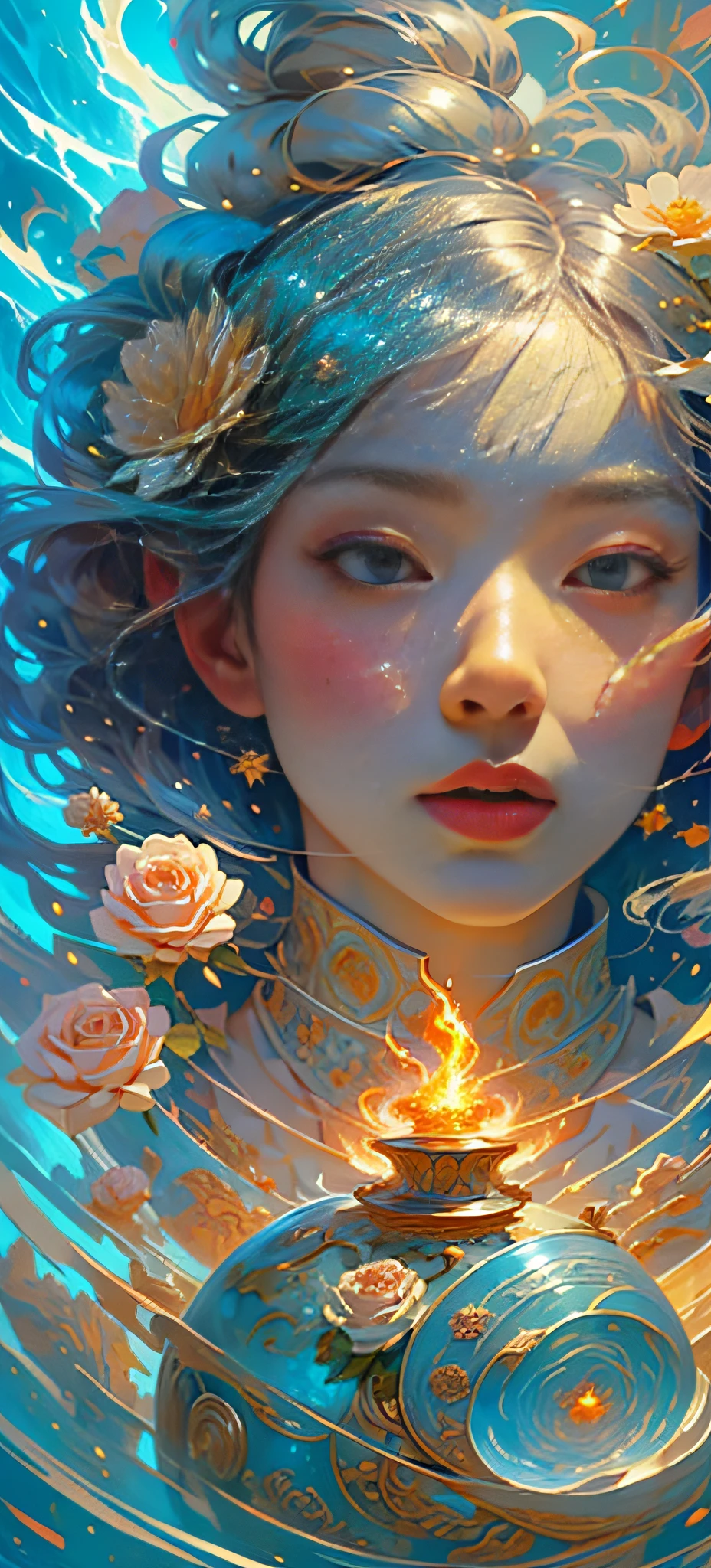 1 girl, Korean, delicate face, beautiful, big eyes, full body, sacred, high cold, flowing hair , face details, gorgeous armor, gorgeous accessories, fair skin, silver-blonde hair, sacred, masterpiece, (flower), (thunder), (fire), (water), lightning, rain, scattered pieces of paper, hands folded, fantasy, holy light, reality and dream combined, 8k, top, best quality, masterpiece, premium, close-up, from the front, facing the audience, full body, solo