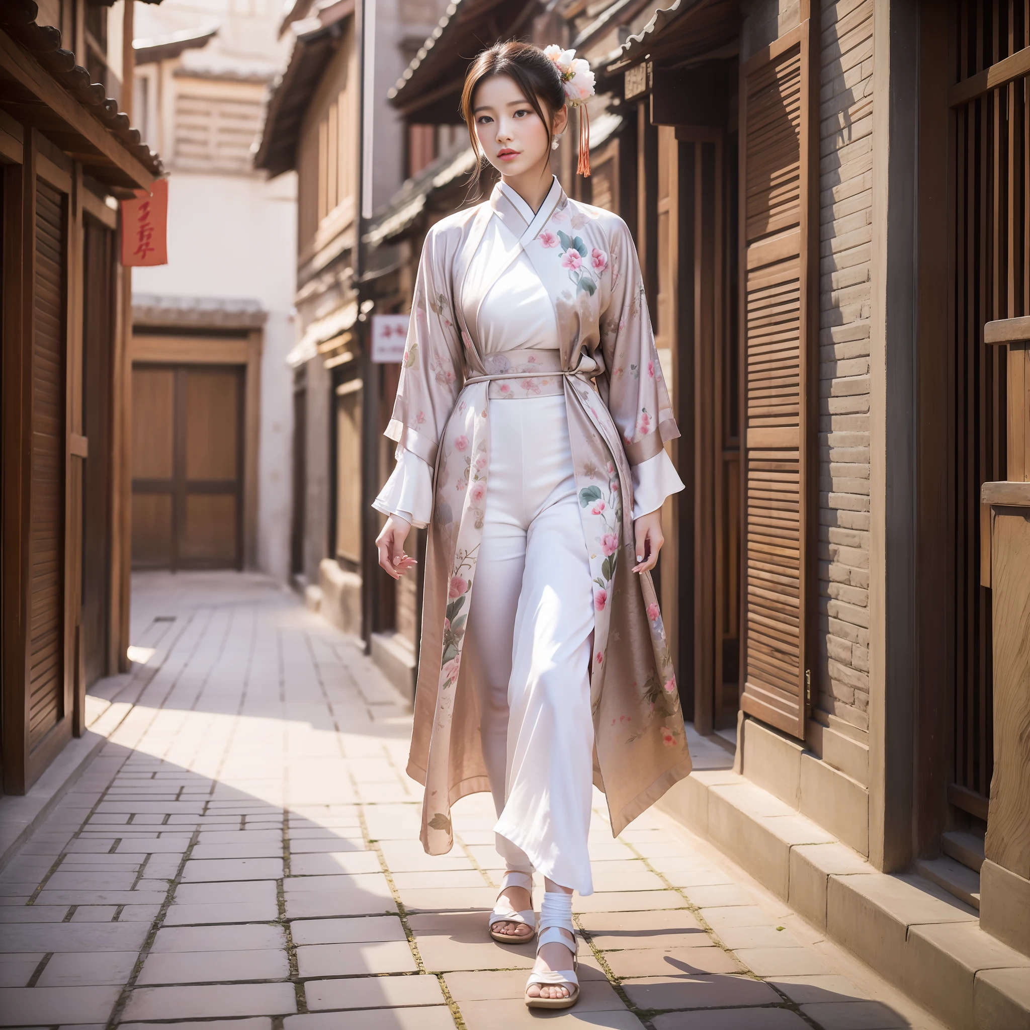 his is an Oriental 18-year-old Oriental model female, with a soft face, wearing artistic clothes, walking in the ancient town of China Realistic, soft light, full body display, high detail, high quality, 8K
