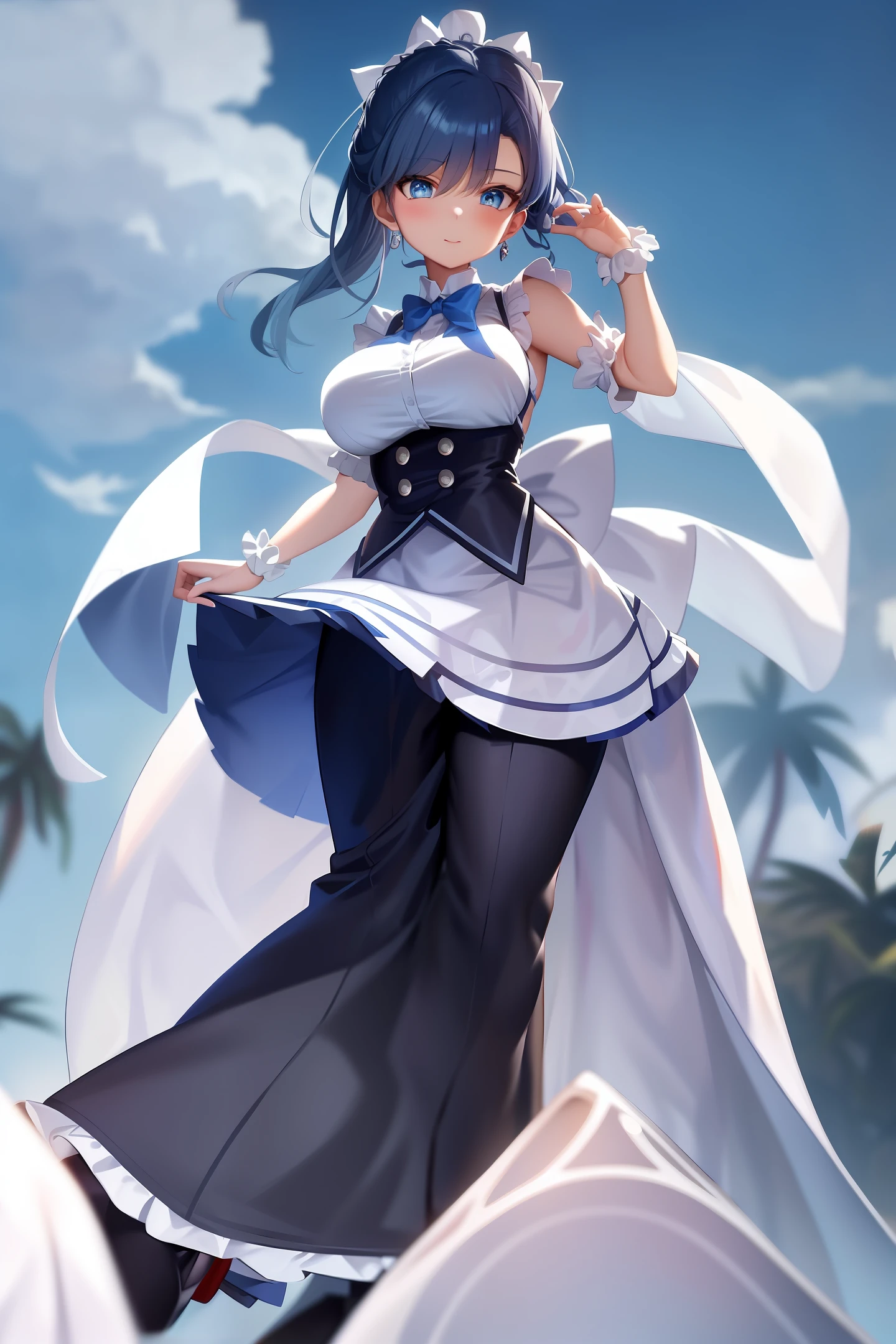 masterpiece, best quality, high, girl, hi1, blue hair, blue eyes, bow, skirt, pants, white shirt, dominant big breasts, ((masterpiece)), (best quality), (detailed), (1girl), updo,