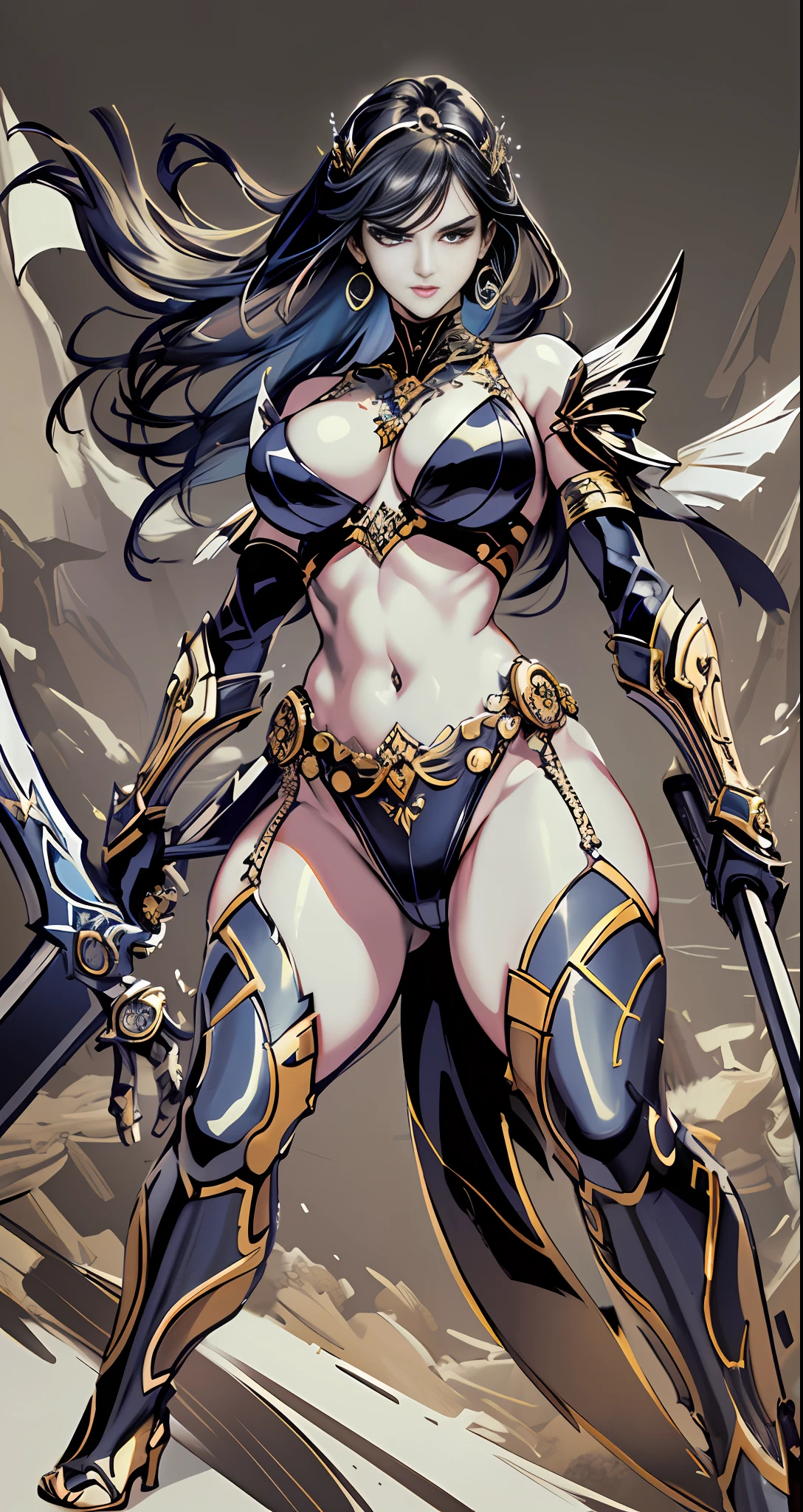 Masterpiece, great black and white anime works, style of Japanese manga masters, black and white art, line art, pen drawing art, a mature woman wielding a huge iron sword (from below: 1.5) (((in the pool: 1.2))) (Full body standing)))) (Solid color steel armor inspired by Victoria's Secret), (Broken + Costume: 1.5) (Full body pose: 1.5), (Krounchana: 1.5) Hips ((Lower chest +Upright under the bra)), (double eyelids) (delicate makeup) (fantasy: 1.2), battle woman, full body armor, fire element, (mythology: 1.5), exposed navel, thong, (large panorama: 4), wide angle, (dramatic: pose), (ethereal: lighting), (mysterious: atmosphere), (complex: details), (carefully designed hair + design), (ancient artifacts), human warrior woman (carefully designed necklace bracelet earrings gemstone pendant inspired by Harry Winston) (Sacred: Light), (Spiritual Essence) (Evocative: Expressive), Long Legs, 180CM Height, (Daring: Brushstrokes), (Epic: Proportional) Masterpiece 16K --s2