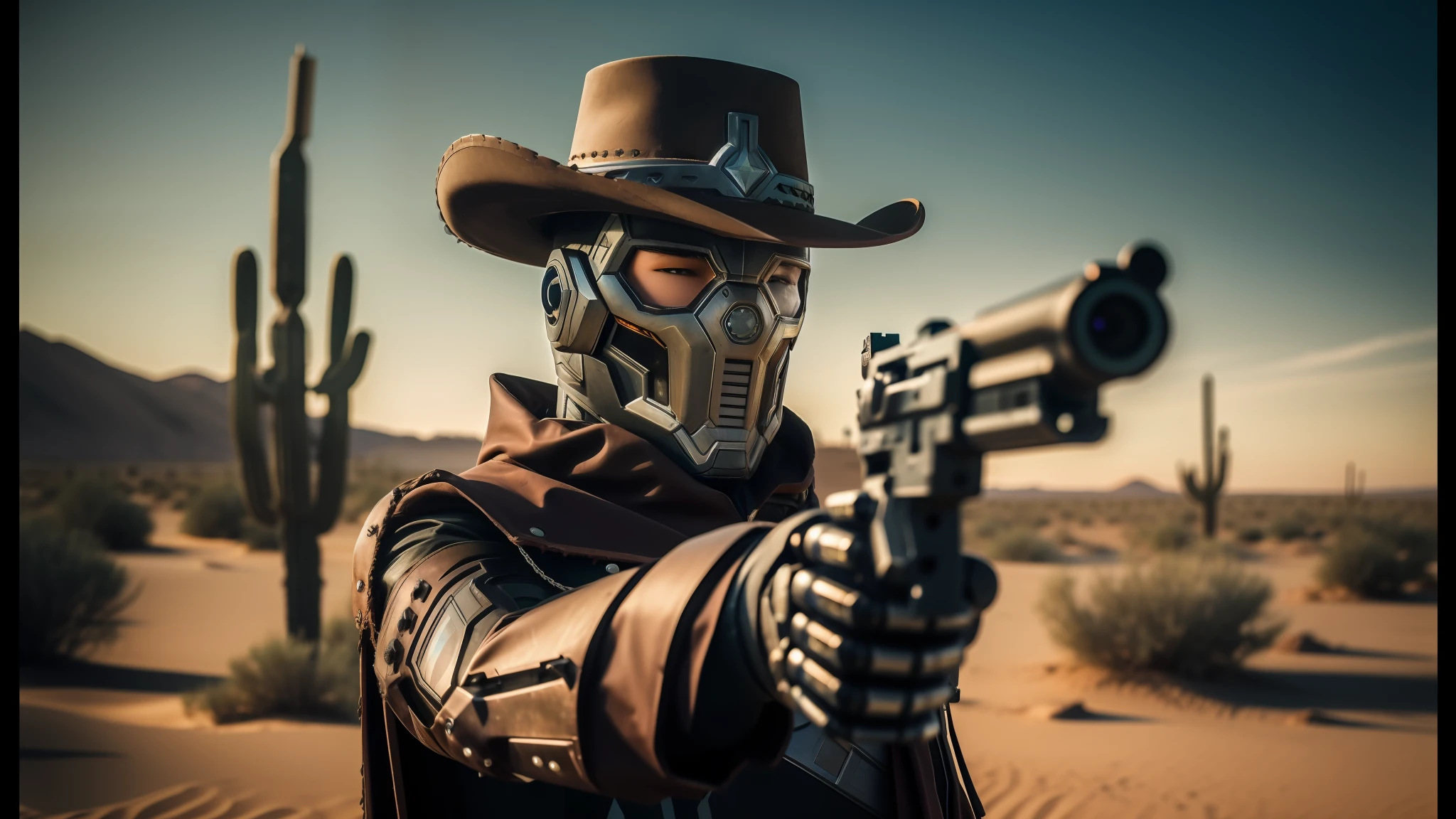 arafed man in a cowboy outfit holding a gun in the desert, humanoid robot close up, electronic hardcore music, film still from avengers endgame, animation character, benevolent android necromancer, ultra - realistic faces, 500px photos, outlaw, the price of ncr