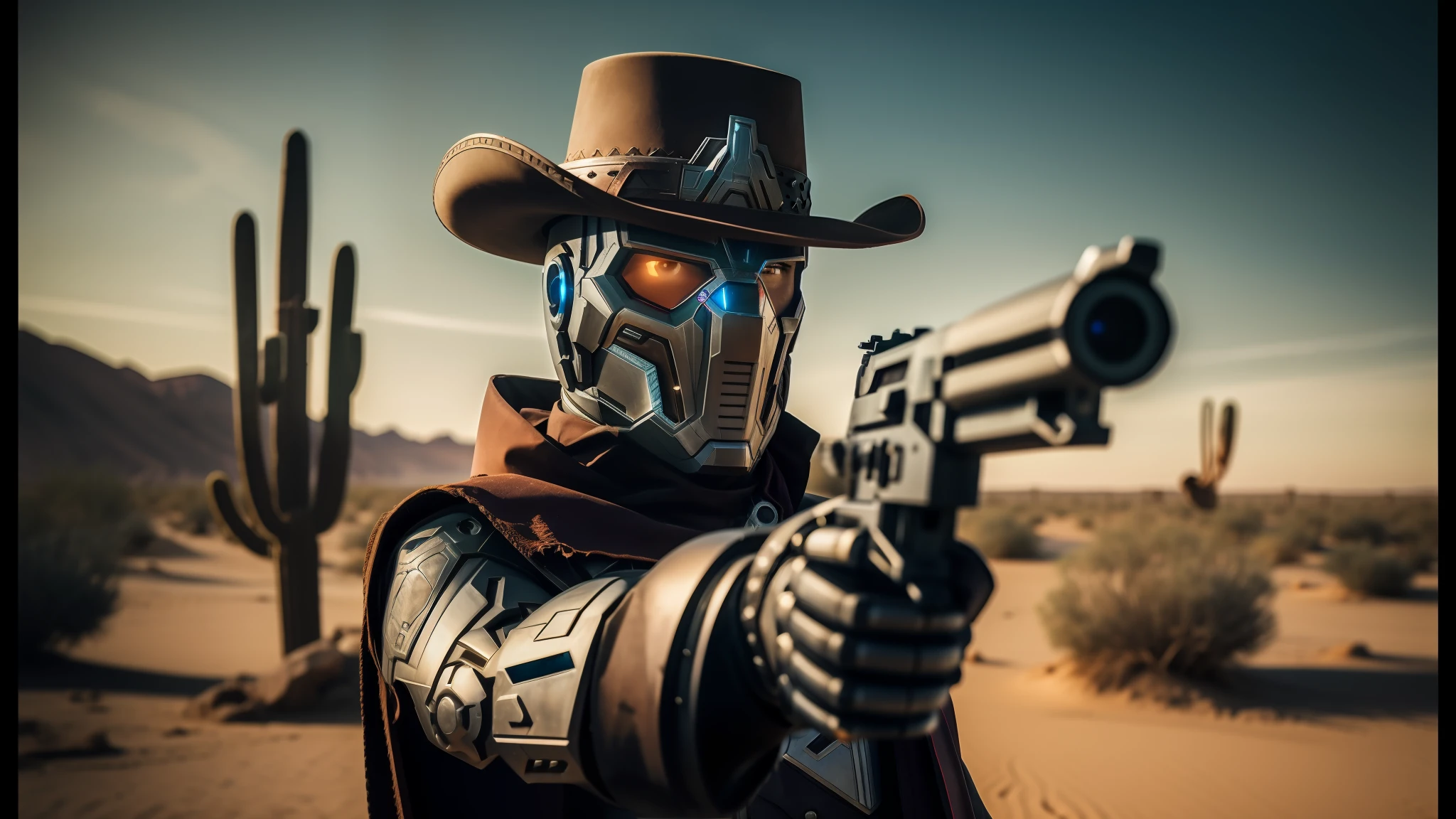 arafed man in a cowboy outfit holding a gun in the desert, humanoid robot close up, electronic hardcore music, film still from avengers endgame, animation character, benevolent android necromancer, ultra - realistic faces, 500px photos, outlaw, the price of ncr