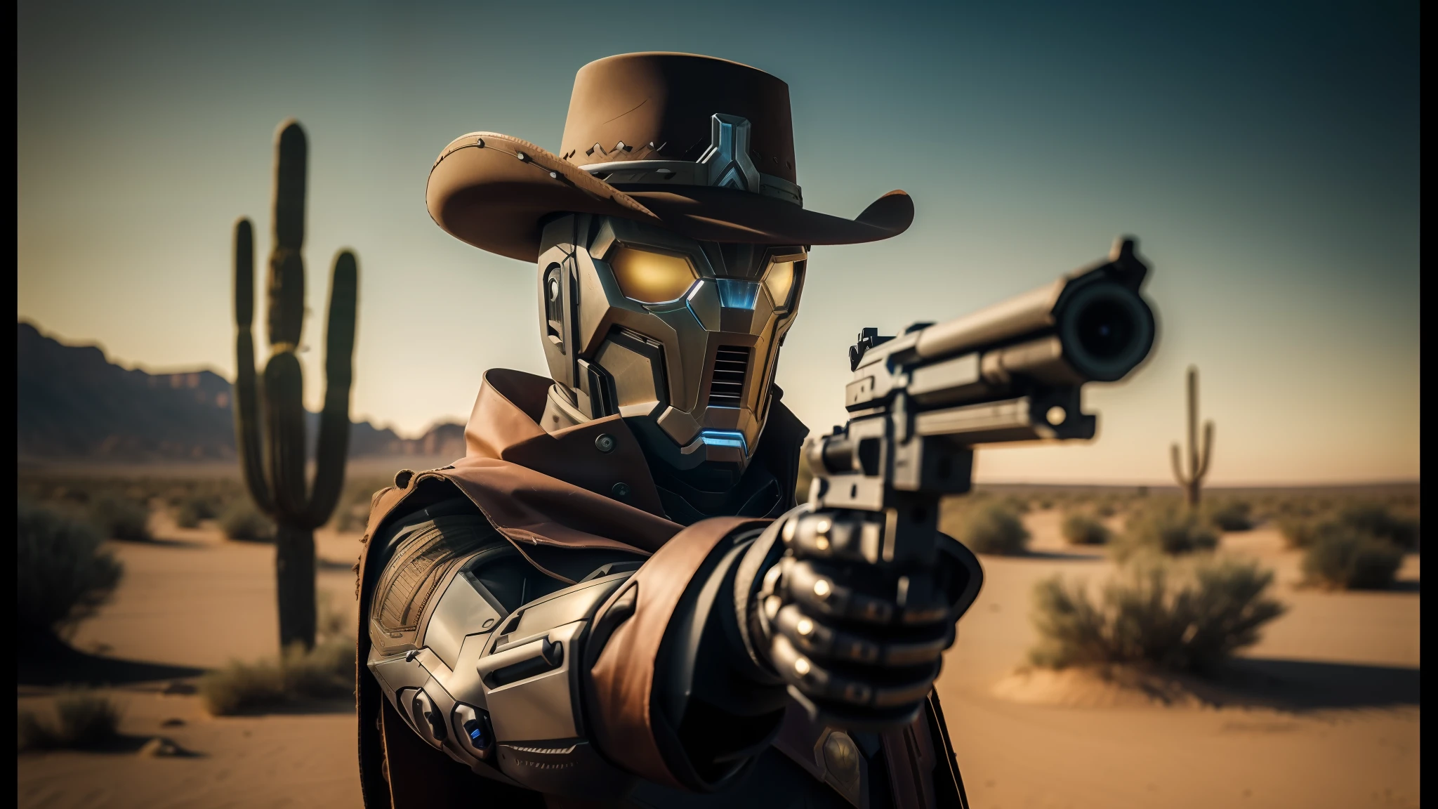 arafed man in a cowboy outfit holding a gun in the desert, humanoid robot close up, electronic hardcore music, film still from avengers endgame, animation character, benevolent android necromancer, ultra - realistic faces, 500px photos, outlaw, the price of ncr