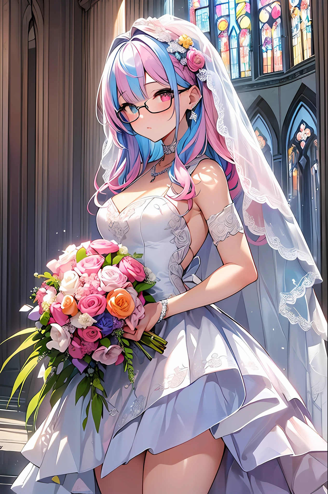 (Masterpiece, Highest Quality, Best Quality, Watercolor Art (Pendant), Official Art, Beautiful and Aesthetic, (1.2), (1 Girl: 1.3), (Fractal Art: 1.3), Full Body, Star-shaped Pupil, , Pattern, (((iridescent hair, colorful hair, half blue and half pink hair: 1.2)), Colorful, Glasses, Writing, Heterochromia, (Colorful: 1.5), (Bouquet), (( Wedding dress)), church, ((kissing face))