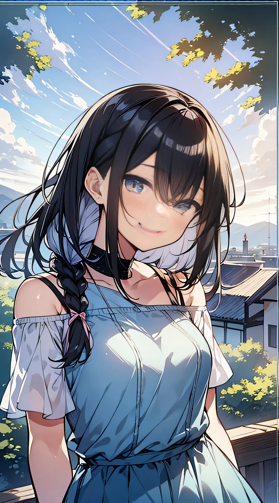 Top Quality, Masterpiece, Ultra High Definition, 8k, Summer Sky, Early Summer, (Light Blue Maxi Skirt, Light Knit, Sneakers), Shojo Manga Style Loli, One, Soft Line Art, Digital Enhancement, Shoujo Manga Touch, Shojo Manga Core, Flowing Fabric, Close Up, (Shoulder Length and Short Braid)), Wet Hair, Staring at Us Head-on, Soft Drawing, Beautiful Black Hair, clear eyes, ((teasing smile)), ultra-detailed digital anime art, clear face depiction, ultra-detailed shoujo manga character art, ultra-detailed manga style, top quality colors, hand gestures, landscape with nature, looking up at the sky, angle that can be seen up to the feet
