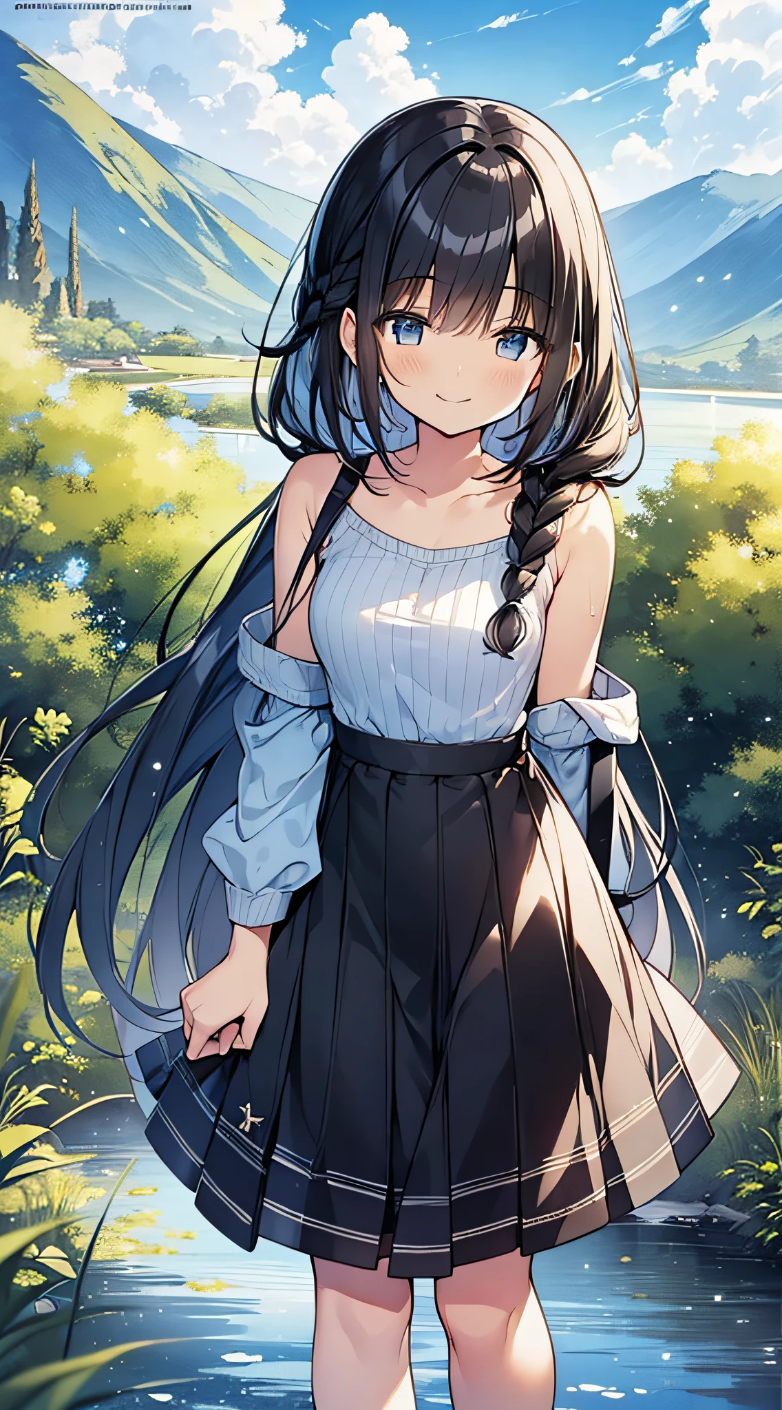 Top Quality, Masterpiece, Ultra High Definition, 8k, Summer Sky, Early Summer, (Light Blue Maxi Skirt, Light Knit, Sneakers), Shojo Manga Style Loli, One, Soft Line Art, Digital Enhancement, Shoujo Manga Touch, Shojo Manga Core, Flowing Fabric, Close Up, (Shoulder Length and Short Braid)), Wet Hair, Staring at Us Head-on, Soft Drawing, Beautiful Black Hair, clear eyes, ((teasing smile)), ultra-detailed digital anime art, clear face depiction, ultra-detailed shoujo manga character art, ultra-detailed manga style, top quality colors, hand gestures, landscape with nature, looking up at the sky, angle that can be seen up to the feet
