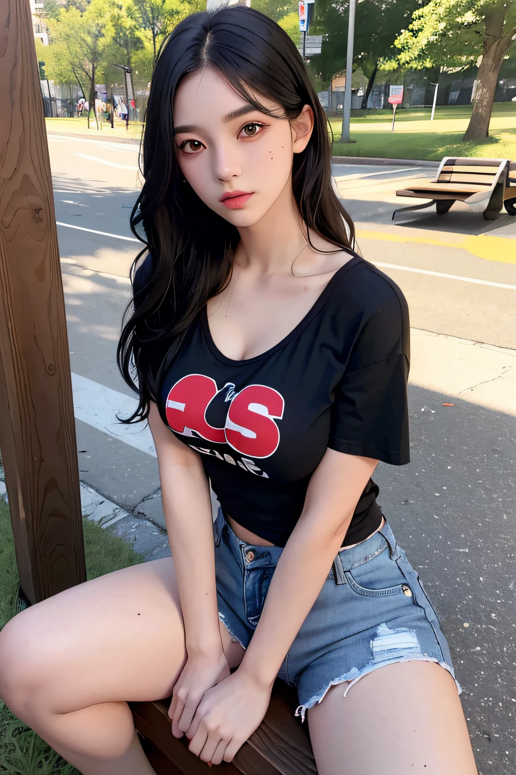 photorealistic, high resolution, 1 girl, black wavy hair, korean, heterochromia eyes, small mole below eye, tight supreme t shirt,jean shorts, large breast, large thighs,big boobs, cleavage,sitting on park chairs, random posing,empty park at background