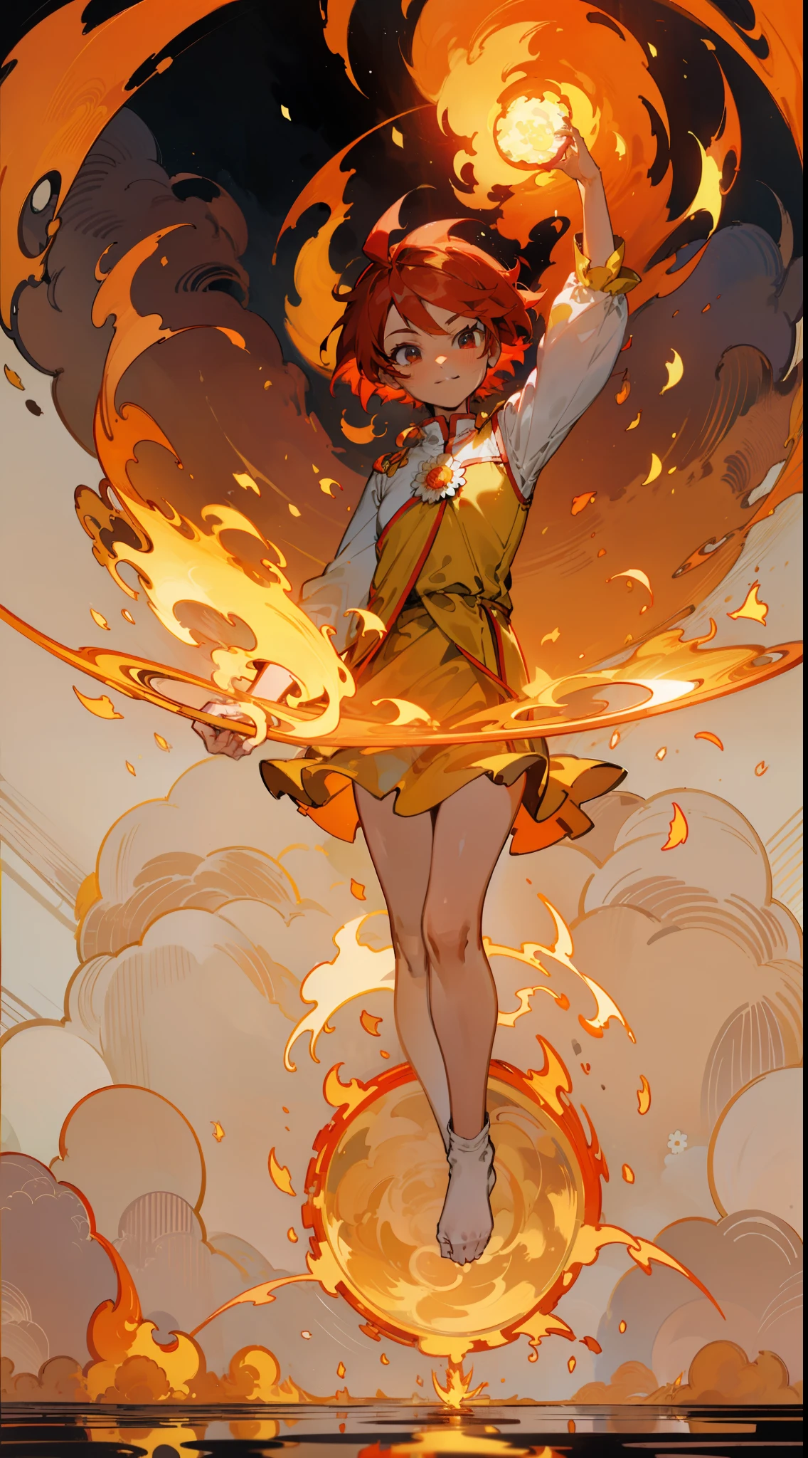 Flame Man, Flame, (Characters Soaring into the Sky: 1.331), Red Hair, Wearing Tang Costume, (White Chrysanthemum: 1.2), Flame Magic Array Under Your Feet, Fire Ripple, Spirling, (Slime Pixie: 1.331), Wind, Outdoor, Intense Sunlight, (Background is Broken Mirror: 1.4), Flame Spin on Mirror, First-Person View, Double Eyelids, Convex Nose Bridge, Small Mouth, Maniacal, Ray Tracing, Detail, 8K, HD, high quality