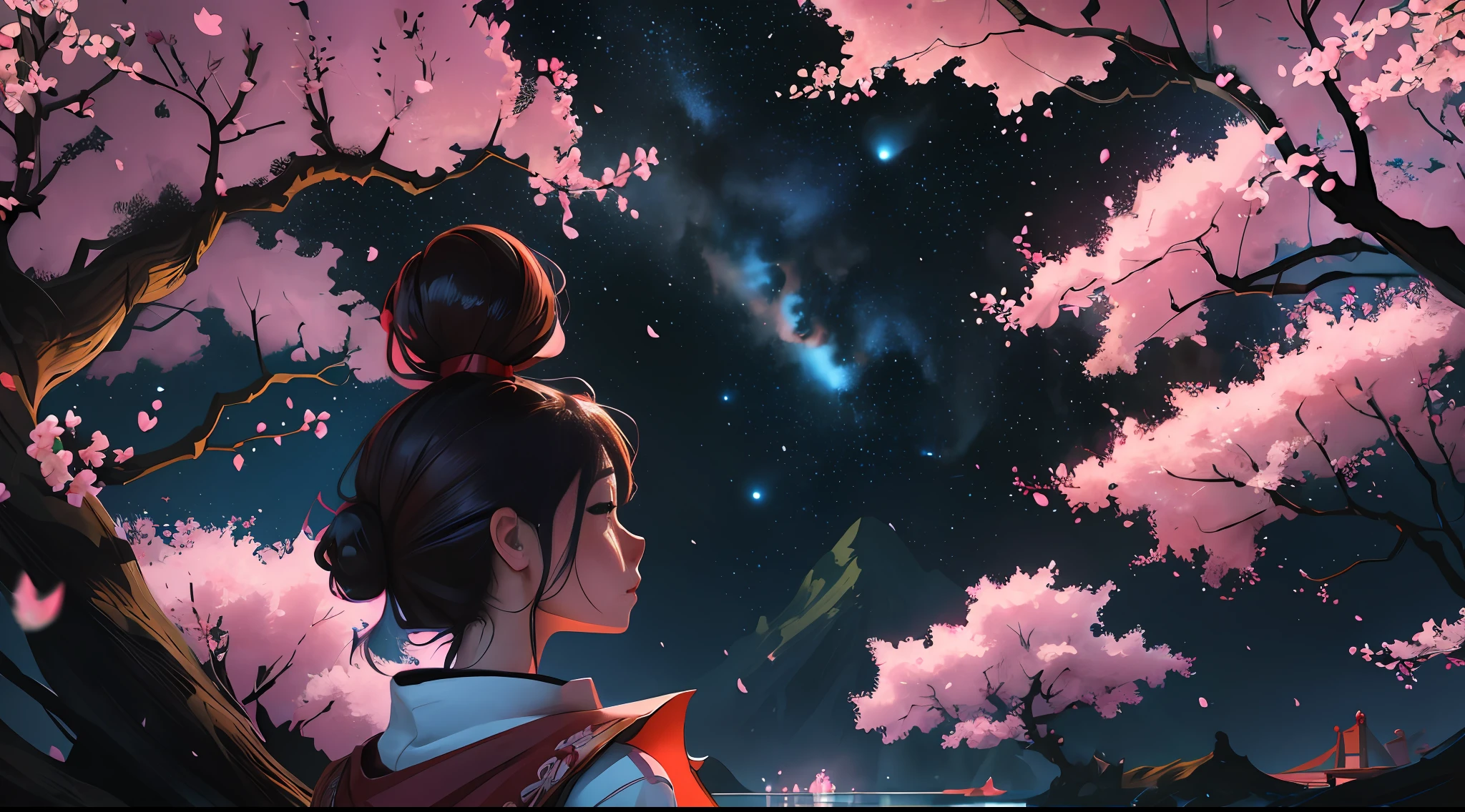 Linemoto cherry blossoms (night), (highly detailed CG unified wallpaper 8k) (highest quality), girl looks up at the night sky (best illustration), bright colors (best shades), jungle, water, natural beauty, oasis of tranquility, cherry blossoms, super detail, antique porcelain, jade, castle, starry sky, , ray tracing, masterpiece, highest quality, super quality, absurd details, best light, best shadow, sharp, sharp images, details, Very detailed, high resolution, 8k, 4k, UHD, volumetric, bright sprite, (particle effects), (nighttime) --v6