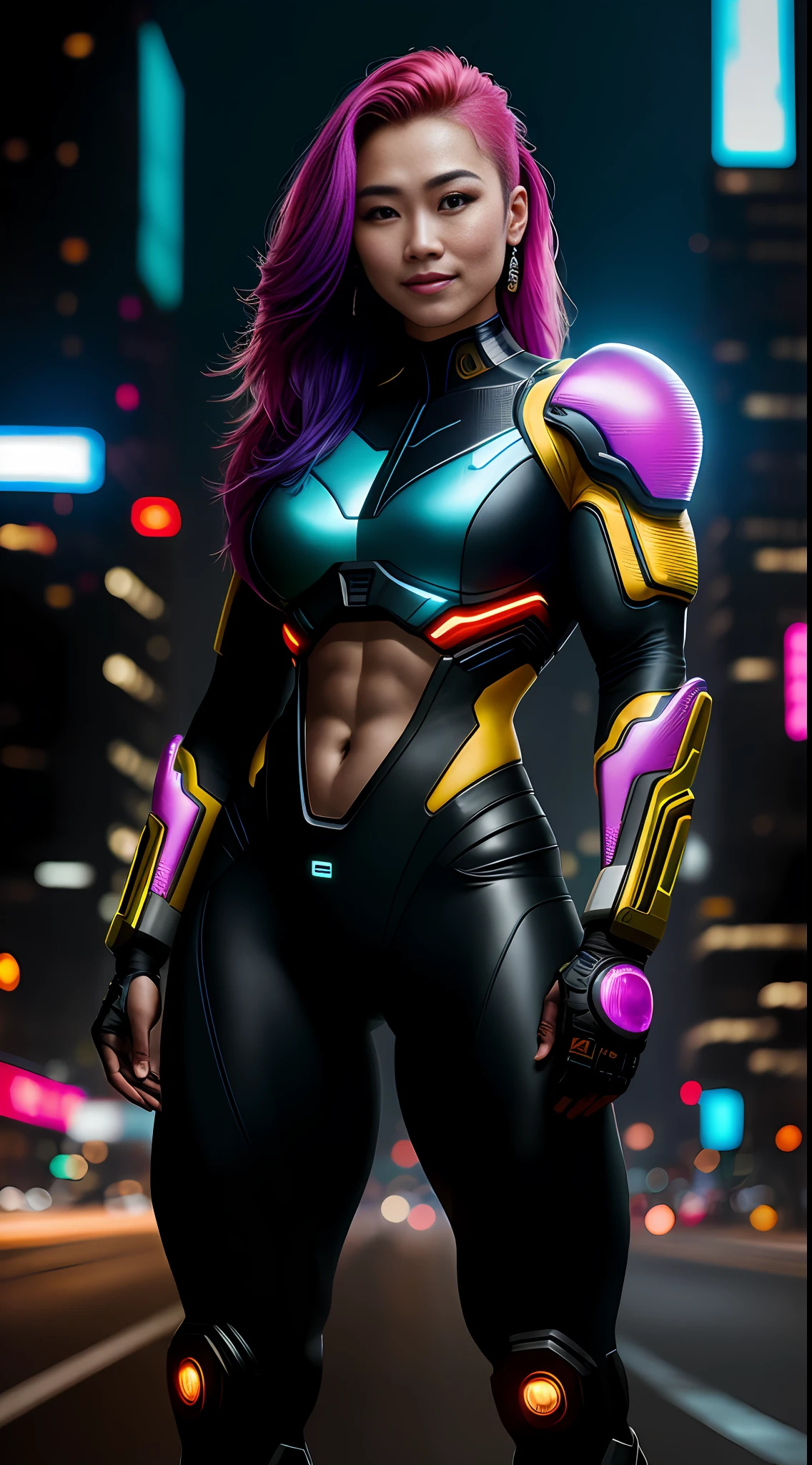 cyberpunk portrait photography, beautiful young thai woman with colorful hair, bodybuilder physique, full body, looking away from camera in glowing futuristic, smile, superhero outfit, smiling, super realistic face, eyes visible through hair, proper eye position, natural skin, soft light, rim light, hips, in road side, detailed background, intricate , highly detail, octane render, HD, 8k, by Annie Leibovitz,120mm