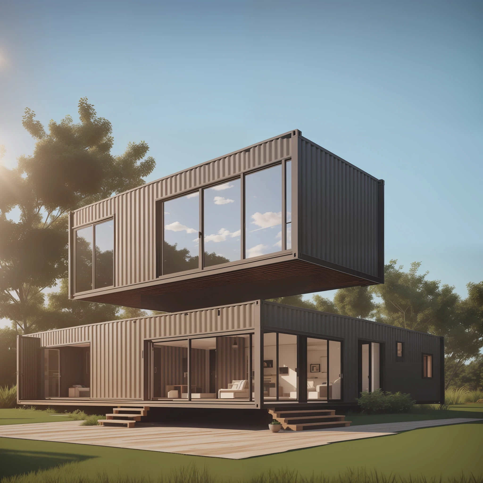 high resolution concept art of an single floor, flawless architecture, accurate proportions, Shipping container as modern house style, photo realism, 8k, side wood covered, minimalist, octane rendering, true textures, sun volumetric light, dark wood theme, garden environment, master piece, cinematic lighting cgsociety --auto --s2