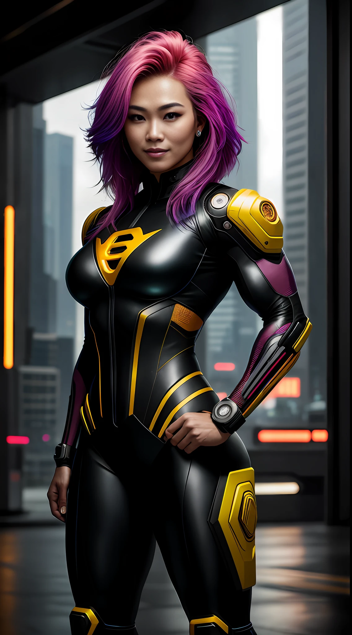 cyberpunk portrait photography, beautiful young thai woman with colorful hair, bodybuilder physique, full body, looking away from camera in glowing futuristic, smile, superhero outfit, smiling, super realistic face, eyes visible through hair, proper eye position, natural skin, soft light, rim light, hips, in road side, detailed background, intricate , highly detail, octane render, HD, 8k, by Annie Leibovitz,120mm