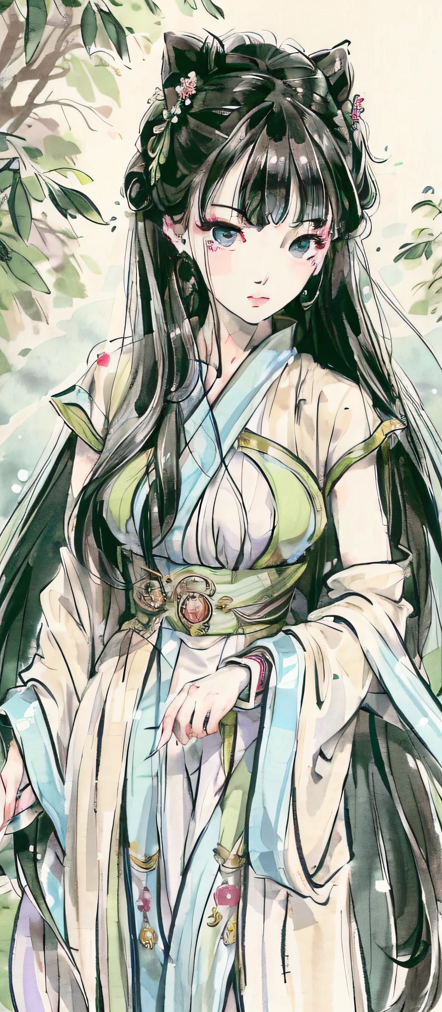 ibuki satsuki, woman, masterpiece, top quality, official art, 8k wallpaper, highly detailed illustration, single woman, bewitching, pale eyes, glossy woman in her 40s, long hair, green hair, cut, adult atmosphere, queen, majesty, green tint, dark green eyes, long hair, detailed eyes, forest, bare shoulders, kimono, lake, calm, sober eyes, fresh green