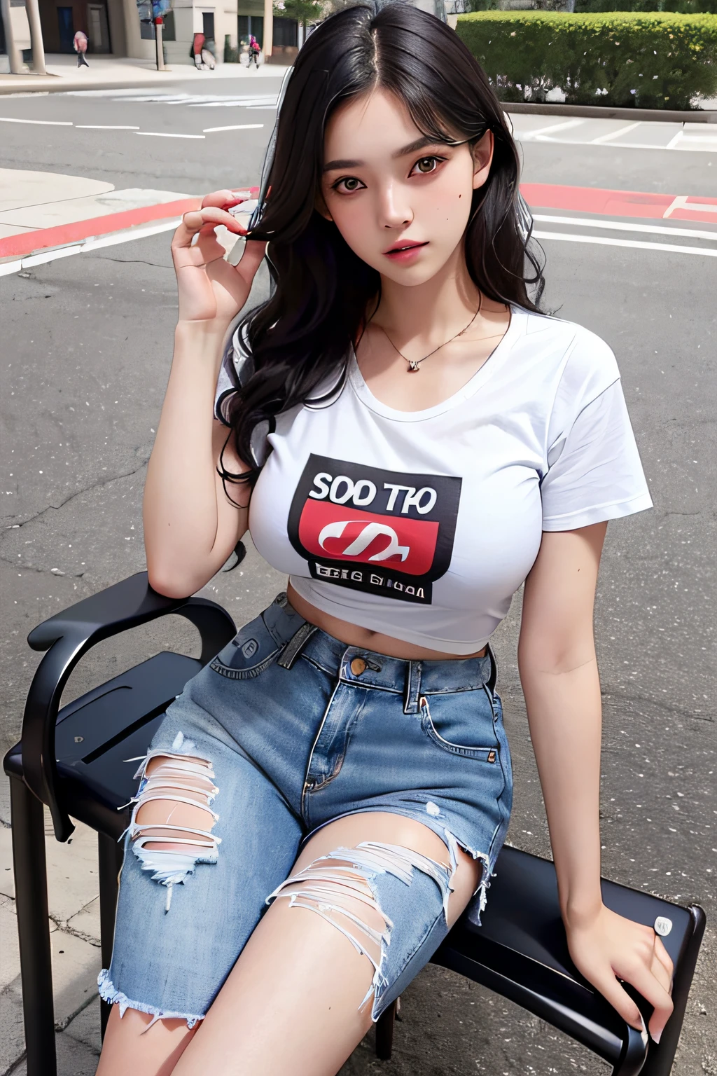 photorealistic, high resolution, 1 girl, black wavy hair, korean, heterochromia eyes, small mole below eye, tight supreme t shirt,jean shorts, large breast, large thighs,big boobs, cleavage,sitting on chairs at park,random posing,empty park at background