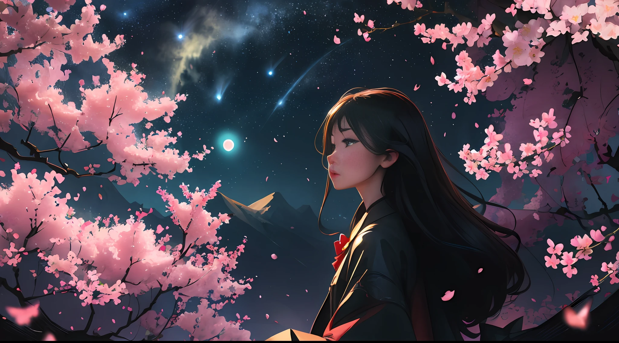 Linemoto cherry blossoms (night), (highly detailed CG unified wallpaper 8k) (highest quality), girl looks up at the night sky (best illustration), bright colors (best shades), jungle, water, natural beauty, oasis of tranquility, cherry blossoms, super detail, antique porcelain, jade, castle, starry sky, , ray tracing, masterpiece, highest quality, super quality, absurd details, best light, best shadow, sharp, sharp images, details, Very detailed, high resolution, 8k, 4k, UHD, volumetric, bright sprite, (particle effects), (nighttime) --v6