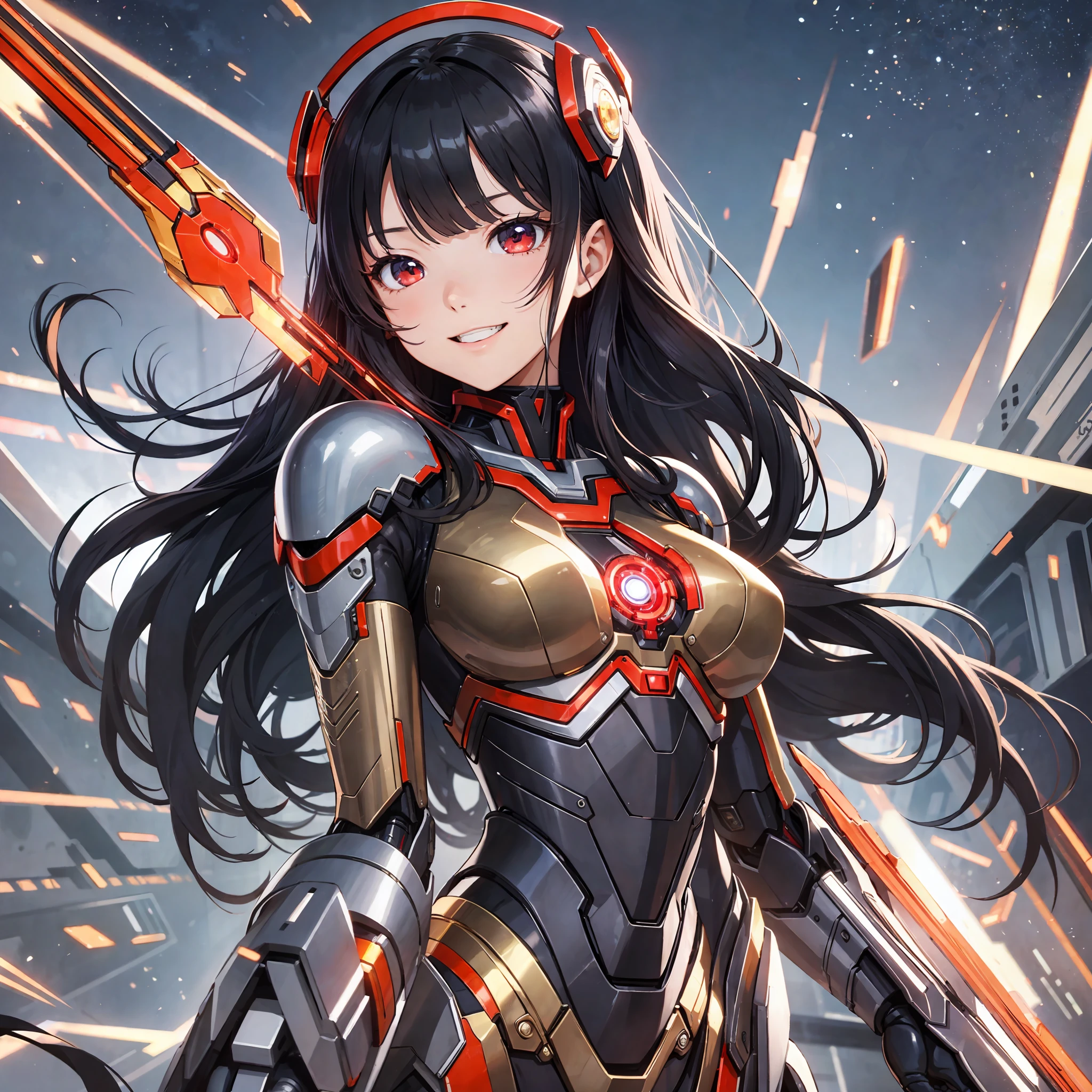 Masterpiece, Best Quality, Best Quality, Schoolgirl, Face, Solo, One Girl, Iron Woman Suit, Metallic Colored Mecha Suit, Black Hair, Long Hair, Red Eyes, Detailed Eyes, Slender, Five Fingers, Happy Expression, Big --auto --s2