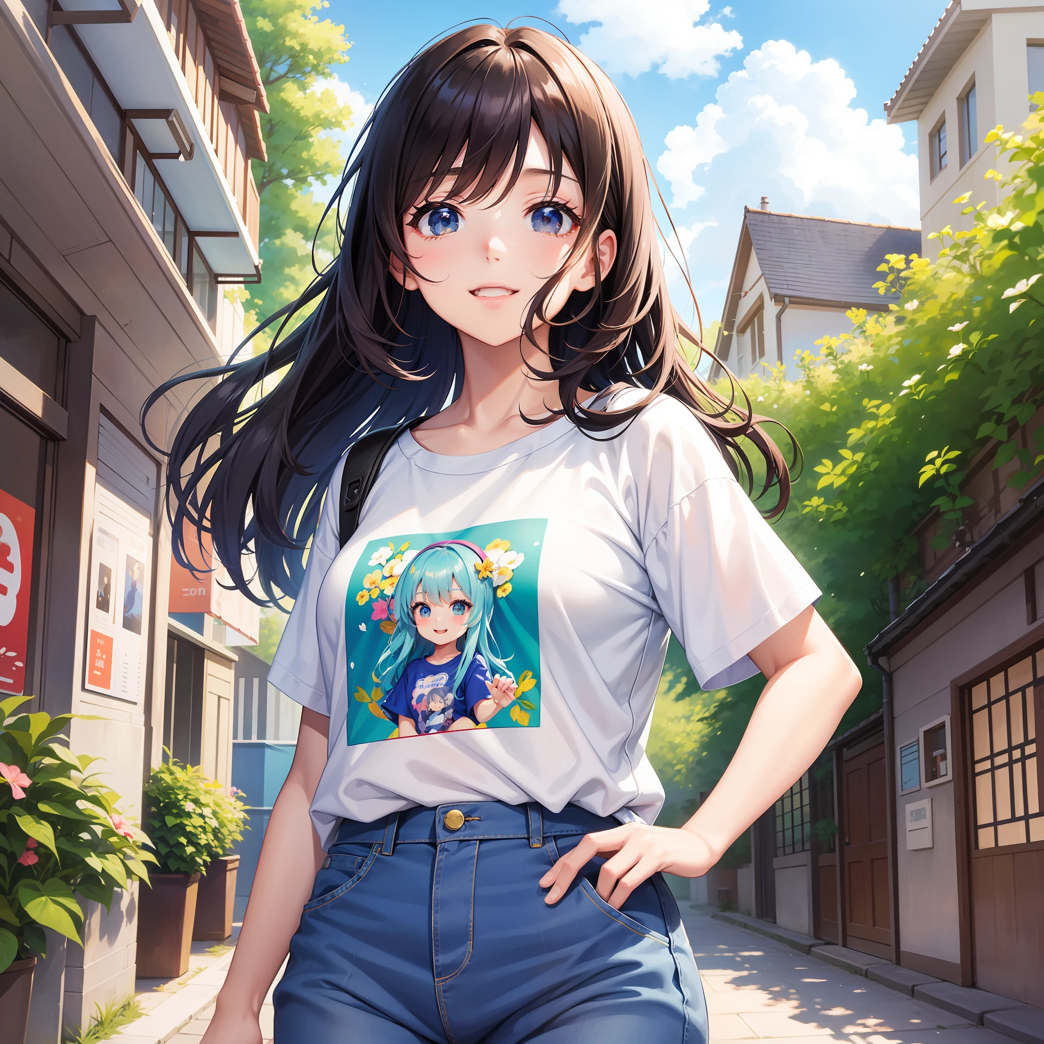 The simple illustration portrays an anime-style girl with a T-shirt that suits her well. She exudes a youthful and playful vibe, with big, expressive eyes, a charming smile, and vibrant-colored hair. Her T-shirt has a stylish design that reflects her fun and quirky personality. The background complements her cheerful demeanor, featuring a bright and sunny day with a clear blue sky and fluffy white clouds. Surrounding her are blooming flowers and lush greenery, creating a lively and vibrant atmosphere. This artwork captures the essence of a fashionable and spirited girl, perfectly complemented by the cheerful and vibrant background.