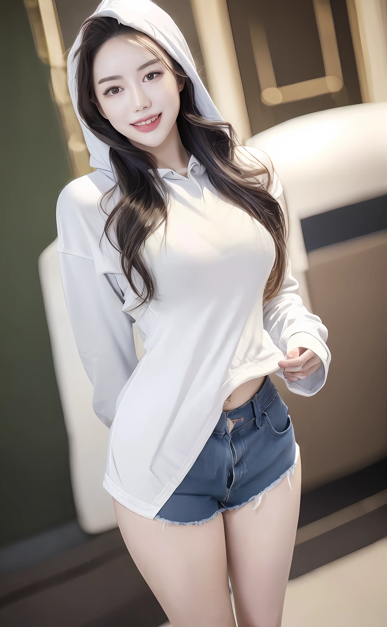 Realism, 8k, 1girl, long wavy curls, pale skin (Chinese beauty), (smiling) young beauty, thick eyebrows, ((d cups)), hoodie ((good figure)), (tight) denim shorts (denim ripped shorts), (cleavage) small waist, wide thighs, standing one thigh up, wide thigh gap, leg apart, ( leg white)