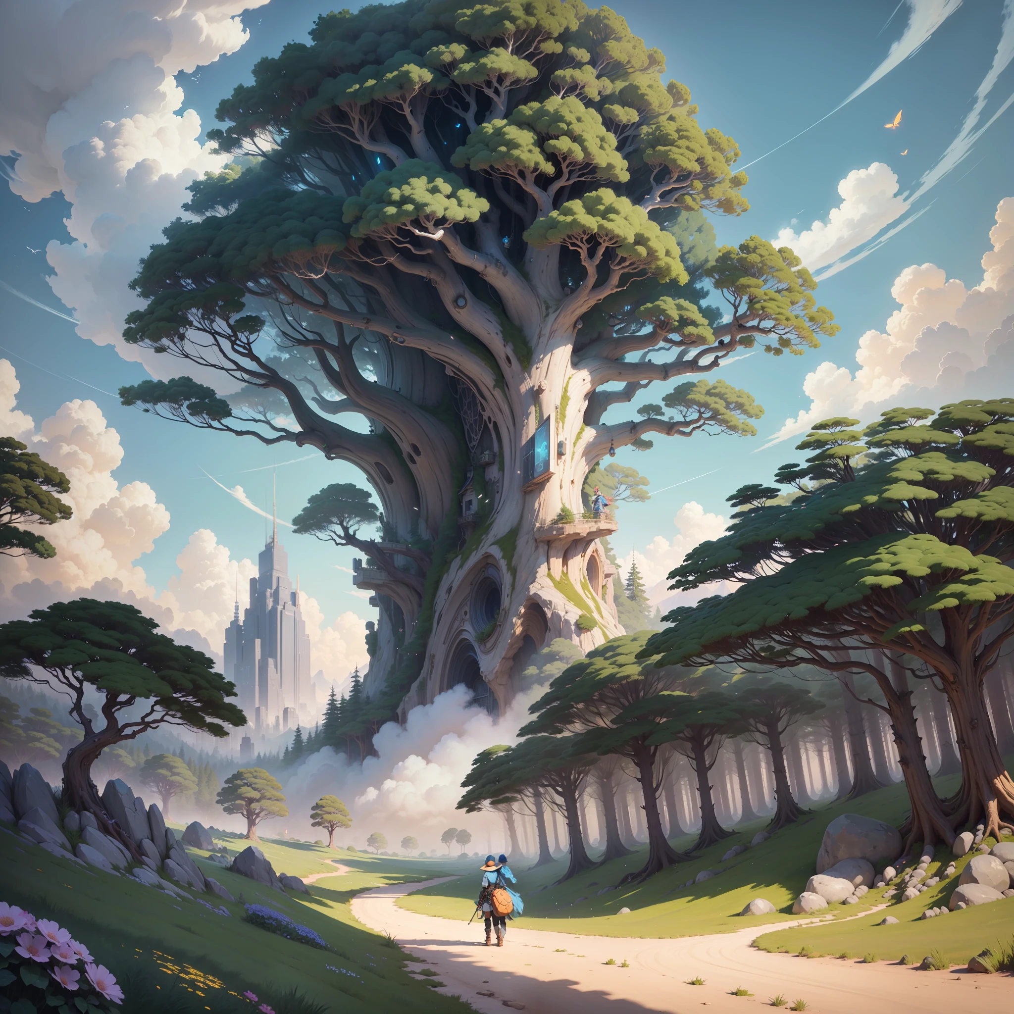 Masterpiece, best quality, (very detailed CG unity 8k wallpaper), (best quality), (best illustration), (best shadows), glow sprite, with cyborgs, natural elements in the forest theme. Mysterious forest, beautiful forest, nature, surrounded by flowers, delicate leaves and branches surrounded by fireflies (natural elements), (jungle theme), (leaves), (twigs), (particle effects) etc. 3D , Octane rendering, ray tracing, super Detailed Sky, Clouds, holding_weapon, no_humans, Glow, giant mechanical _ trees , city with tall trees _Architecture, “sky, cloud, glowing, big trees ,cybernetic landscape, robot, cybernetic _trees, tree_mech, sci-fi, cityscape, realistic, mechanical” Science Fiction, Cities, Rendered in Octane, hyper realistic, 8k, epic composition, cinematic, octane render, artstation landscape vista photography by Carr Clifton & Galen Rowell, 16K resolution, Landscape veduta photo by Dustin Lefevre & tdraw, 8k resolution, detailed landscape painting by Ivan Shishkin, DeviantArt, Flickr, rendered in Enscape, Miyazaki, Nausicaa Ghibli, Breath of The Wild,,trending in artstation, cgsociety, 8k post-processing highly detailed,Junji Murakami, Mucha Klimt, Sharandula, Hiroshi Yoshida, Tom Bagshaw, Ross Tran, Artgerm,Craig Mullins,dramatic,Junji Murakami, --auto --s2