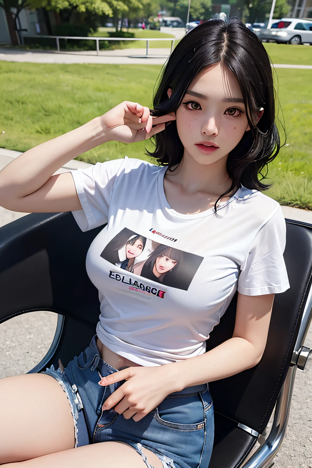 photorealistic, high resolution, 1 girl, black wavy hair, korean, heterochromia eyes, small mole below eye, tight supreme t shirt,jean shorts, large breast, large thighs,big boobs, cleavage,sitting on chair at park,random posing,empty park at background