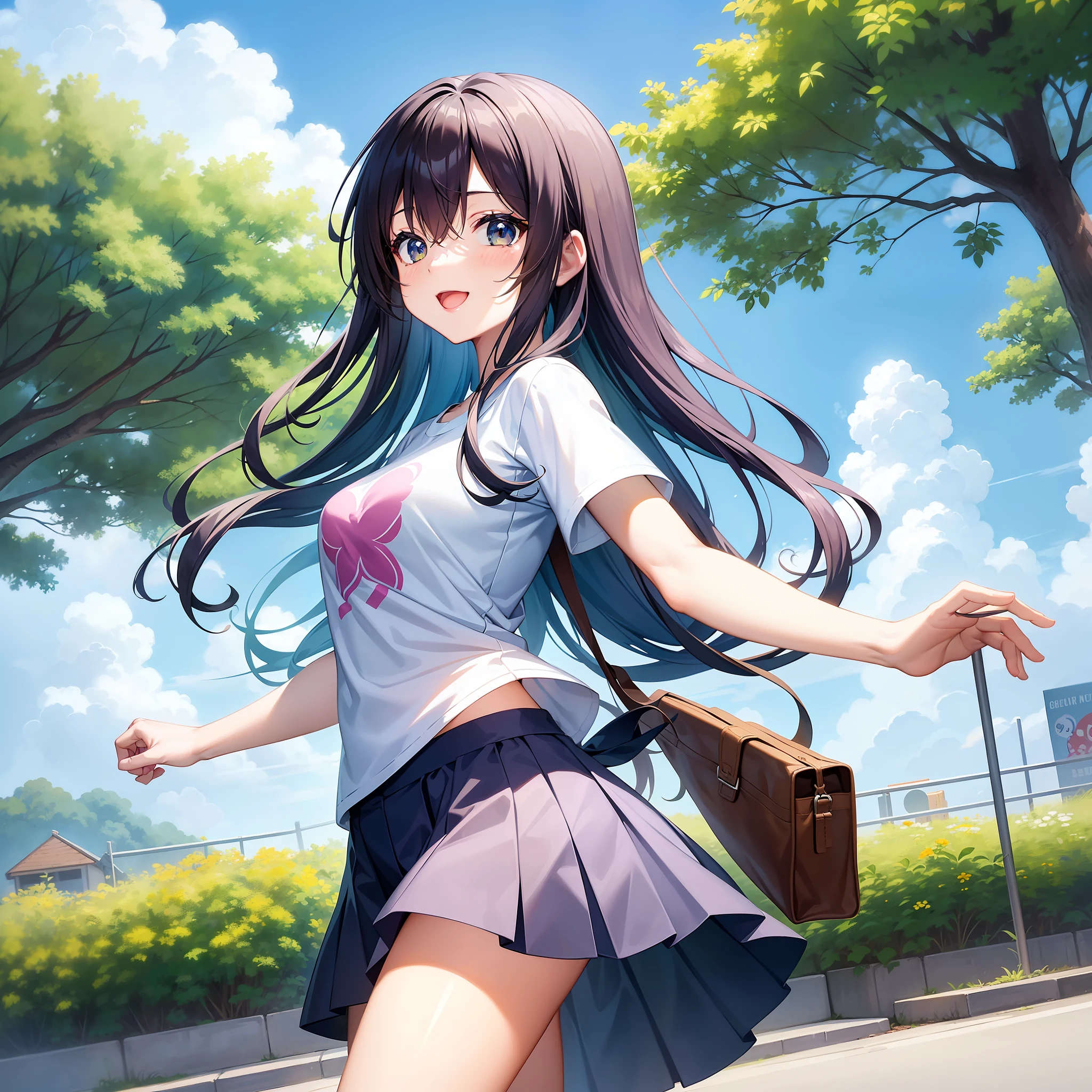 The simple illustration portrays an anime-style girl with a T-shirt that suits her well. She exudes a youthful and playful vibe, with big, expressive eyes, a charming smile, and vibrant-colored hair. Her T-shirt has a stylish design that reflects her fun and quirky personality. The background complements her cheerful demeanor, featuring a bright and sunny day with a clear blue sky and fluffy white clouds. Surrounding her are blooming flowers and lush greenery, creating a lively and vibrant atmosphere. This artwork captures the essence of a fashionable and spirited girl, perfectly complemented by the cheerful and vibrant background.