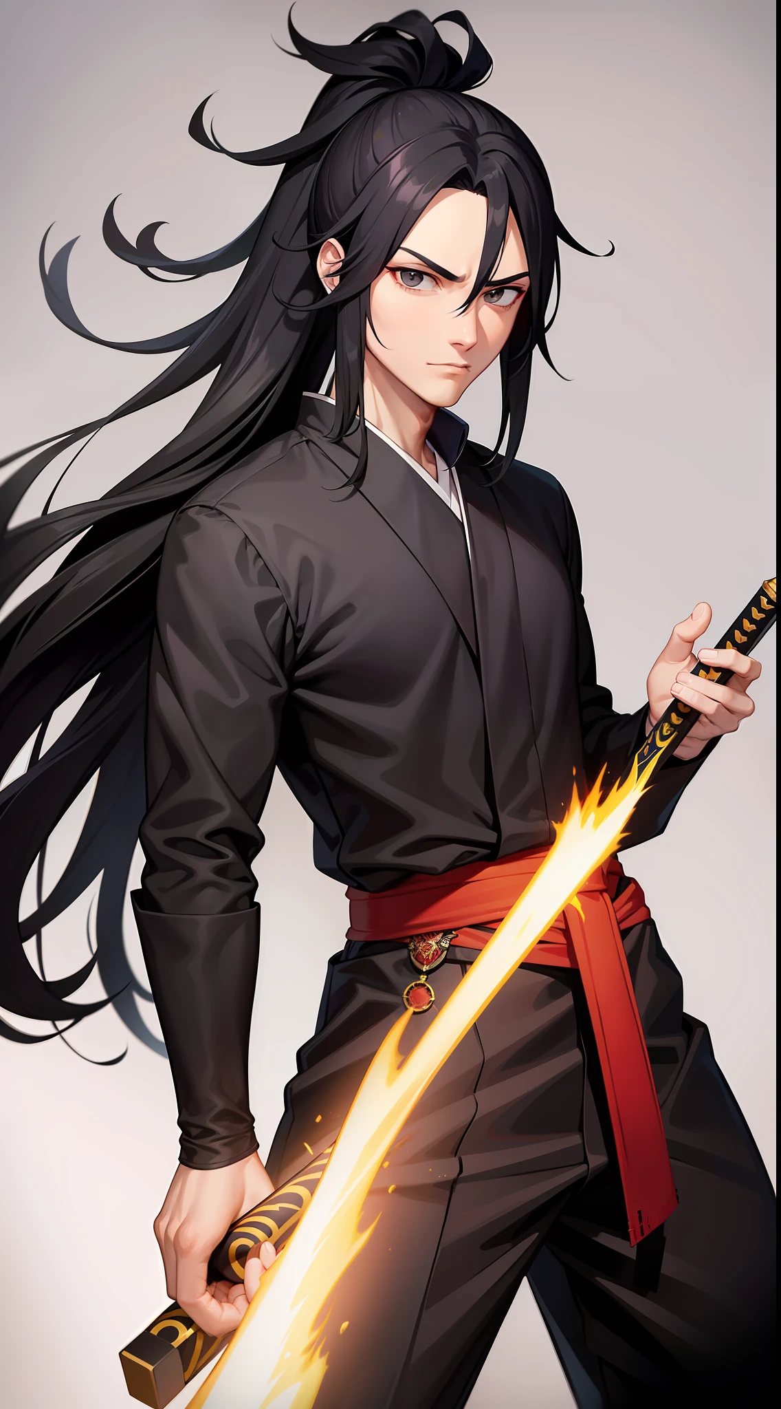 Adult man, black long hair, high ponytail, gray eyes, red hanfu, fiery sword, masterpiece, high quality