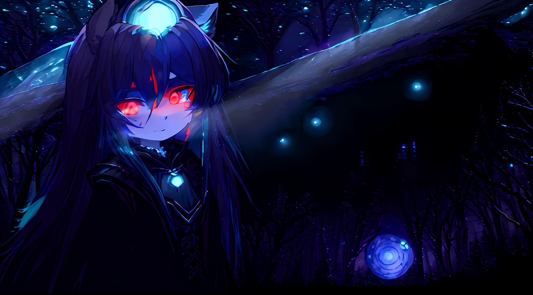 Black wolf, forest, dark fantasy, ((glowing light, blue moon:1.55)), master piece, body fur, HD, wolf, loli, 1girl,  red eyes, long hair, neon hair,, assassin, blood in face